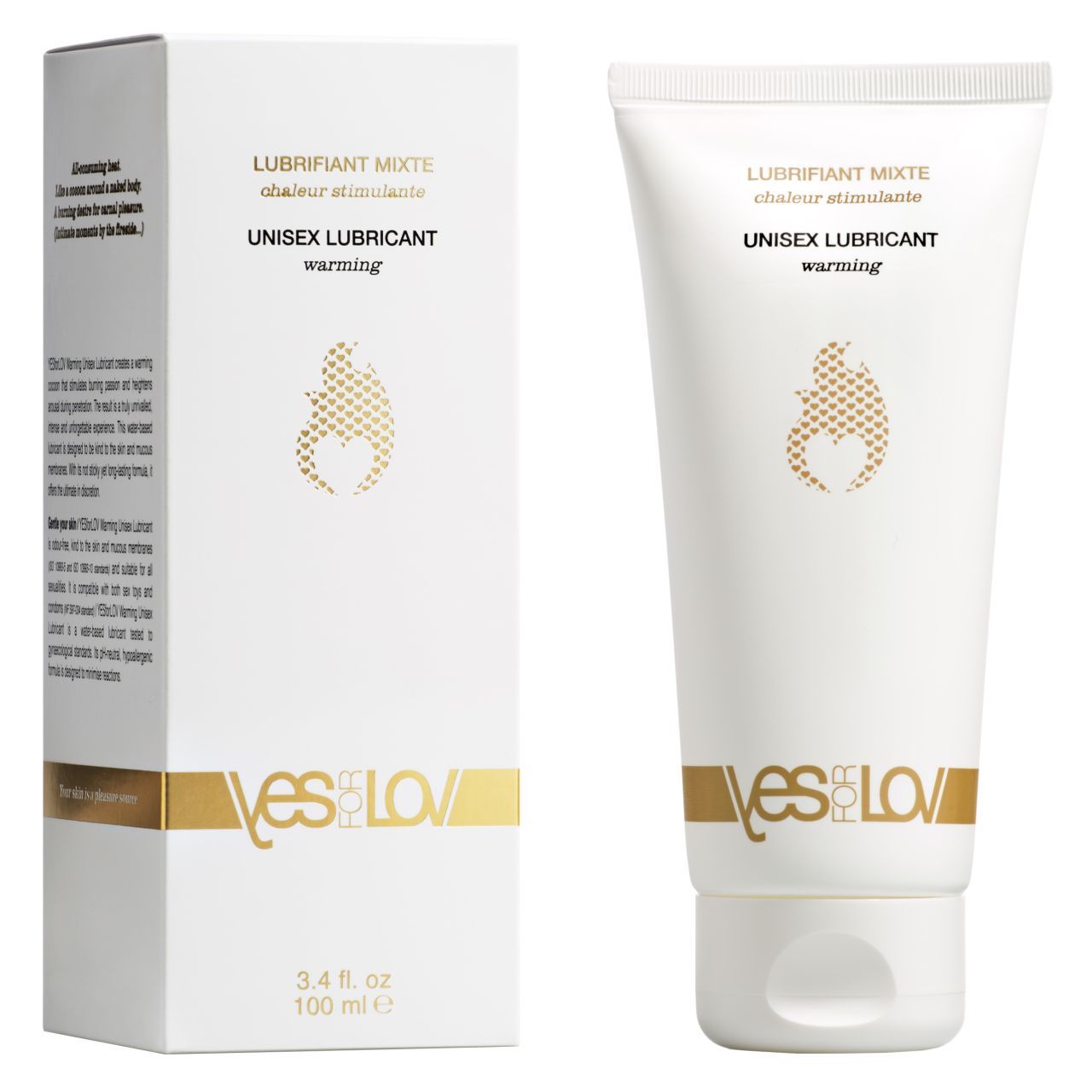 Produktverpackung und Tube. Verpackung weiß mit Goldakzenten. Tube mit Aufschrift YESforLOV. Text: Unisex Lubricant warming.