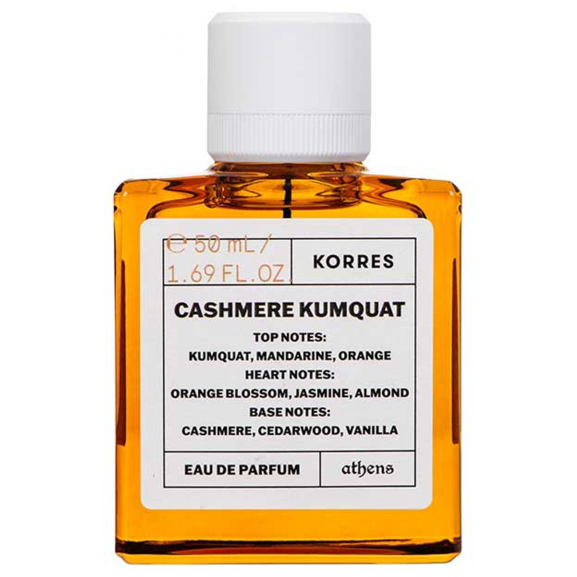 Korres Eau de Parfum Cashmere Kumquat 50ml Flakon mit Etikett, das Duftnoten auflistet.