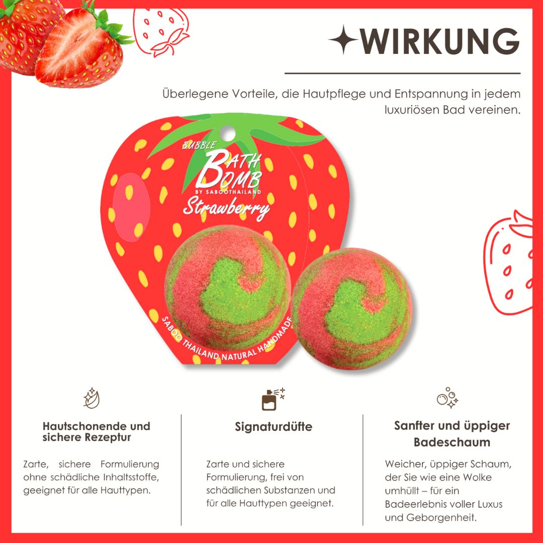 Zwei Erdbeer-Badewannenbomben neben einer Verpackung. Text: Bubble Bath Bomb Strawberry. Vorteile, Inhaltsstoffe, Duft.