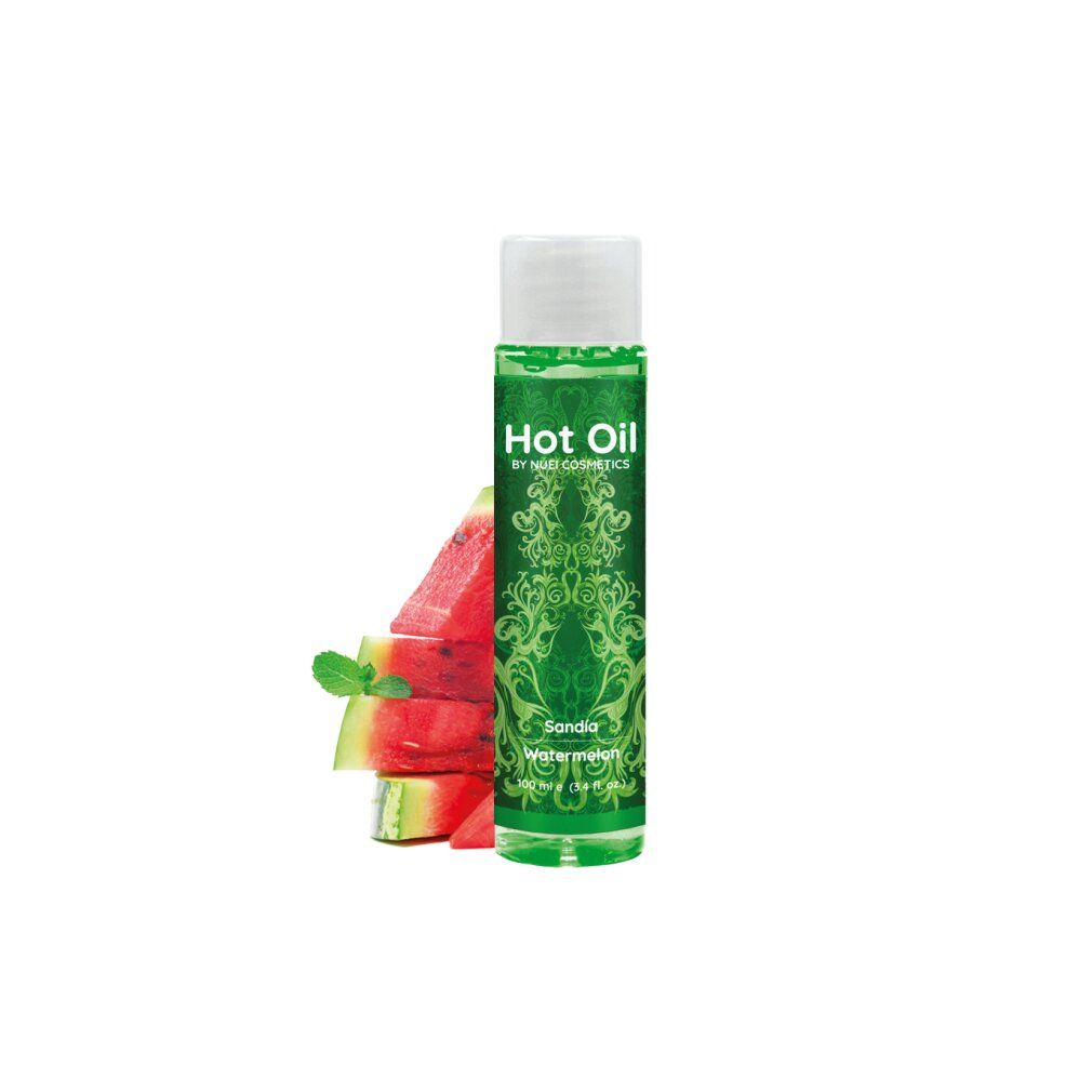 Grünes Massageöl mit weißem Deckel, neben Wassermelone und Minze. Aufschrift: Hot Oil, Sandía, Watermelon. Marke: NUEI cosmetics.