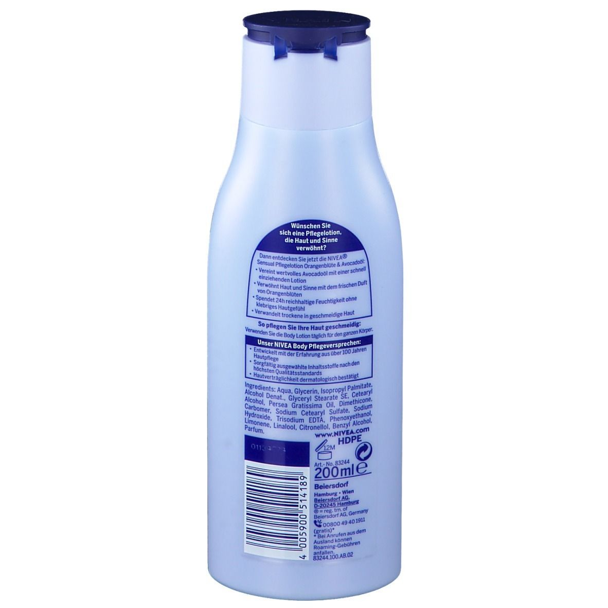 Rückseite einer hellblauen Flasche. Text: NIVEA Body Pflegelotion. Inhaltsstoffe und Herstellerinformationen. Barcode.