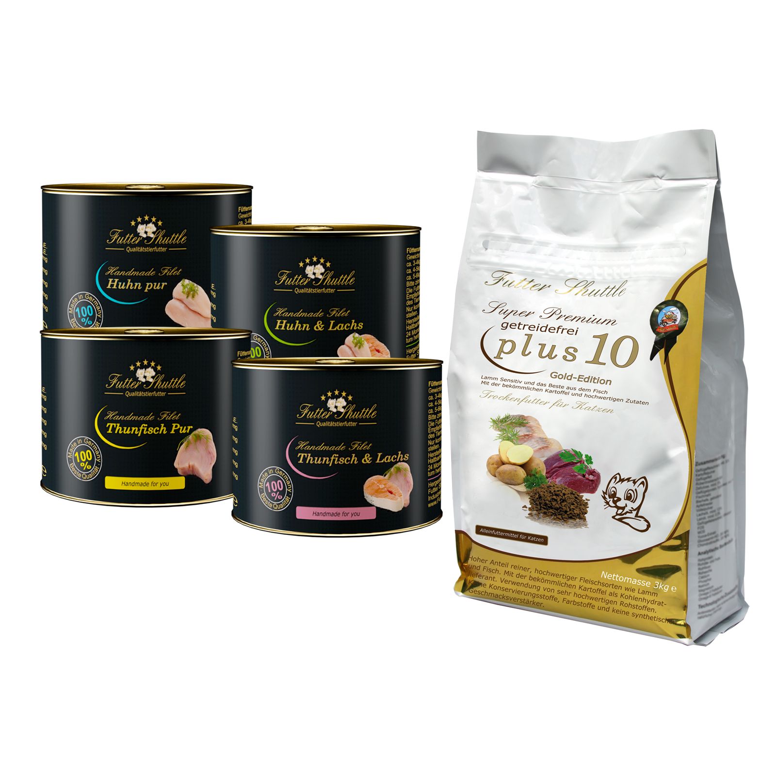 Katzenfutter-Set: Dosen mit Thunfisch, Huhn und Lachs, sowie Trockenfutter-Beutel. Aufschrift 'Futter Shuttle'.