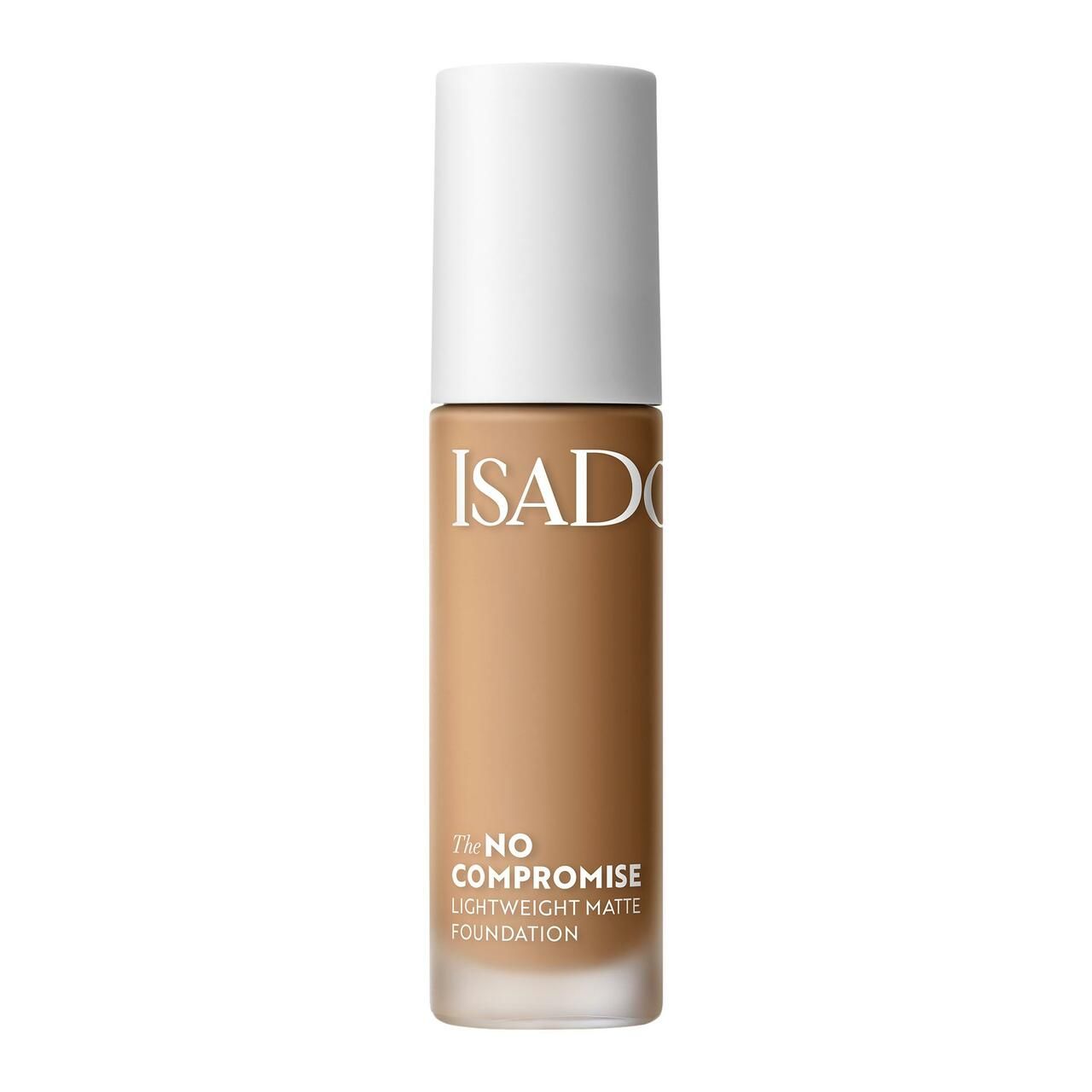 Flakon IsaDora No Compromise Matte Foundation. Weißer Deckel, transparente Flasche mit beiger Foundation. Schriftzug IsaDora und Produktname.