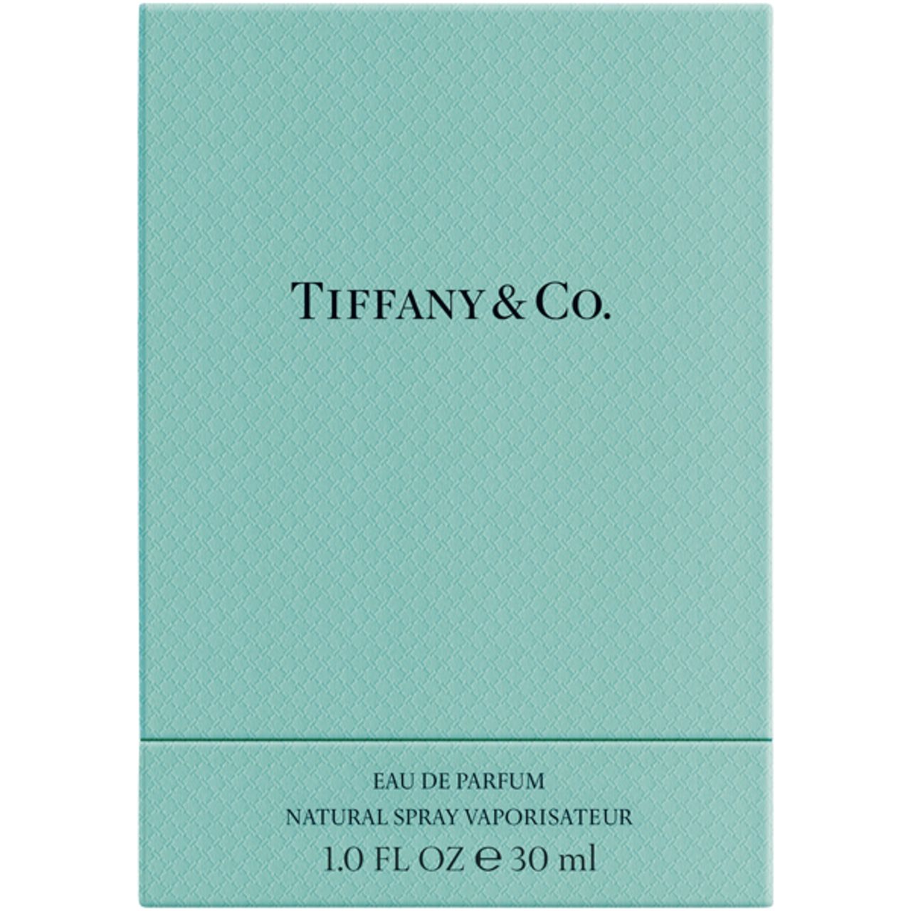 Türkisfarbene Schachtel mit Tiffany & Co. Logo. Aufschrift: Eau de Parfum, Natural Spray Vaporisateur, 1.0 FL OZ e 30 ml.