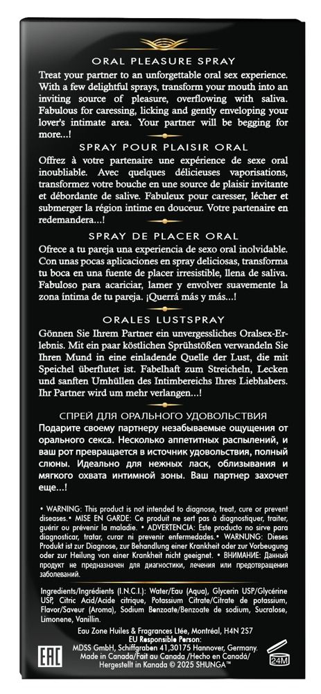 Rückseite der Shunga Erotic Art Waves of Pleasure Oral Pleasure Spray Verpackung mit Produktinformationen.
