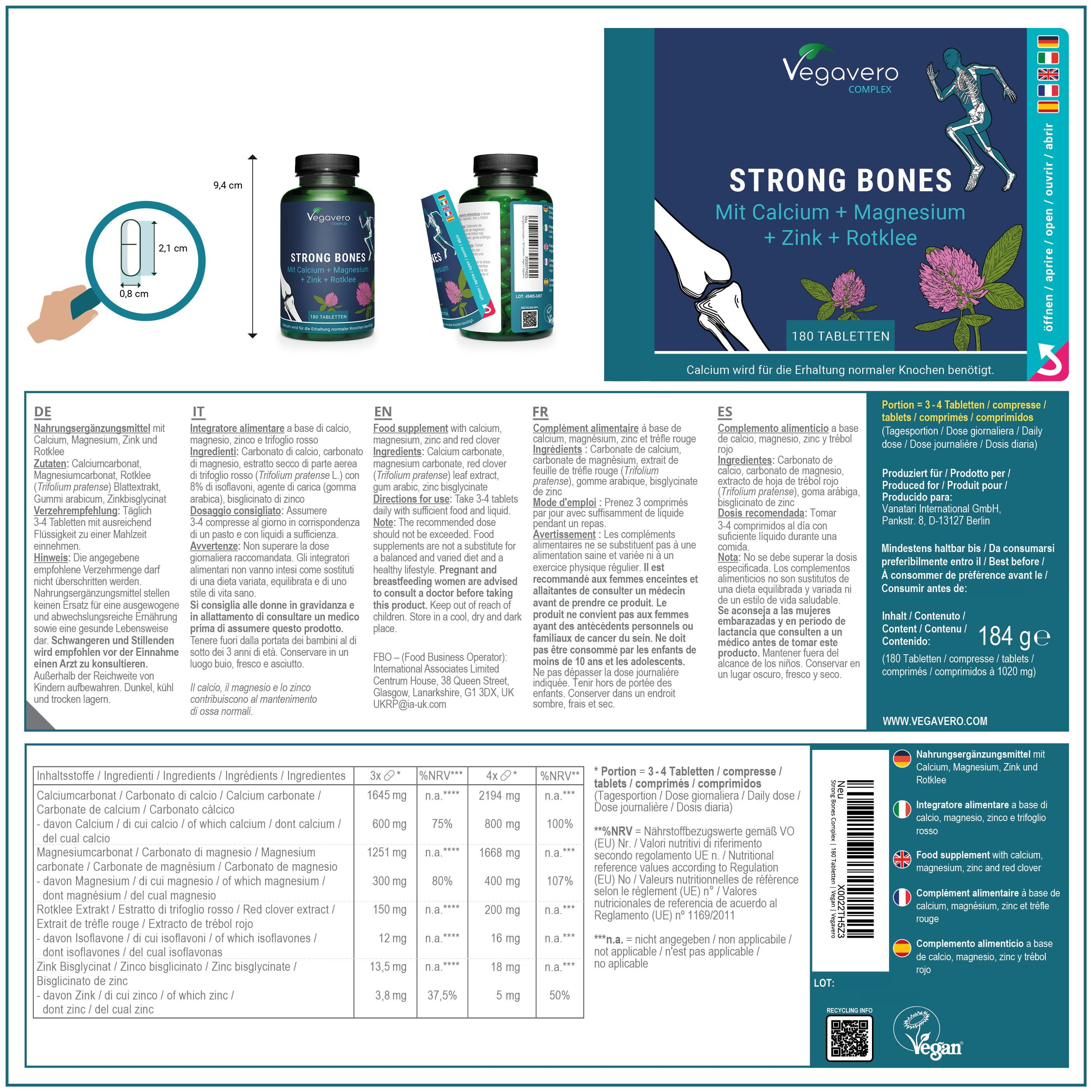 Produktverpackung mit Informationen. Enthält eine Flasche Strong Bones, eine Packungsbeilage und eine Nahaufnahme der Kapseln.