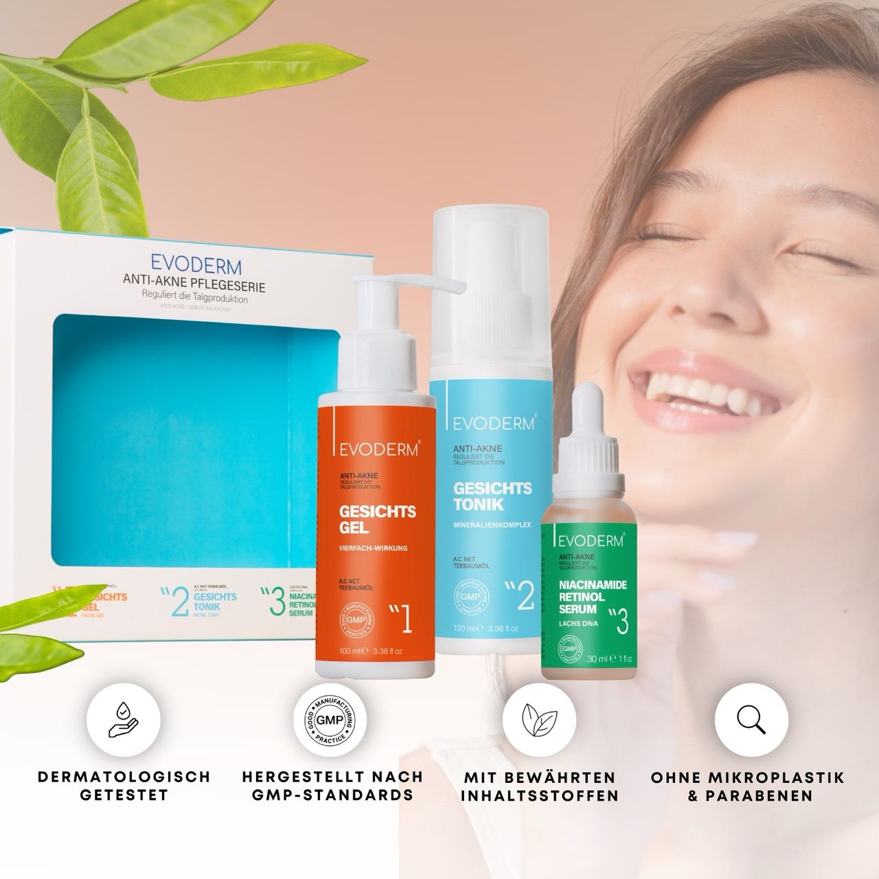 Werbung für Gesichtspflegeprodukte. Eine Frau lächelt. Drei Produkte sind abgebildet: Reinigungsgel, Gesichtstonik und Serum. Verpackung sichtbar.