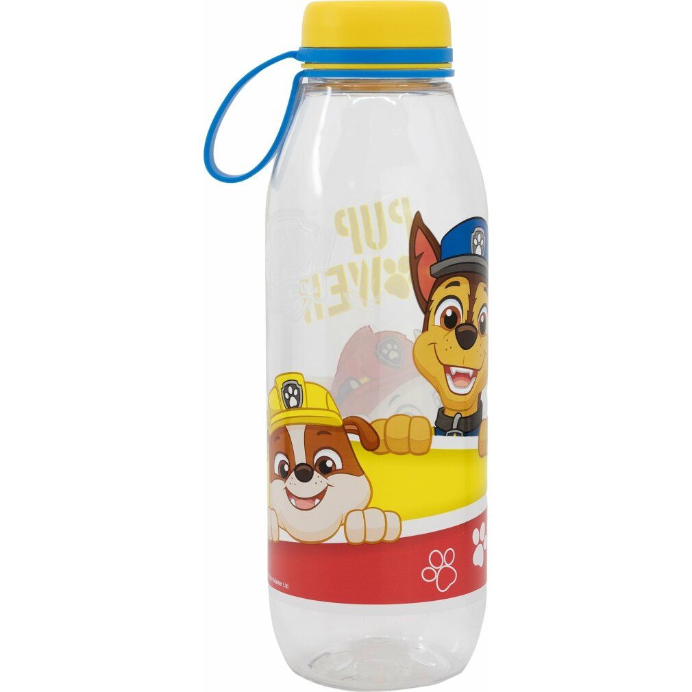 Transparente Trinkflasche mit gelbem Deckel und blauem Griff. Aufdrucke von Zeichentrickfiguren und Schriftzug 'PUP POWER'.