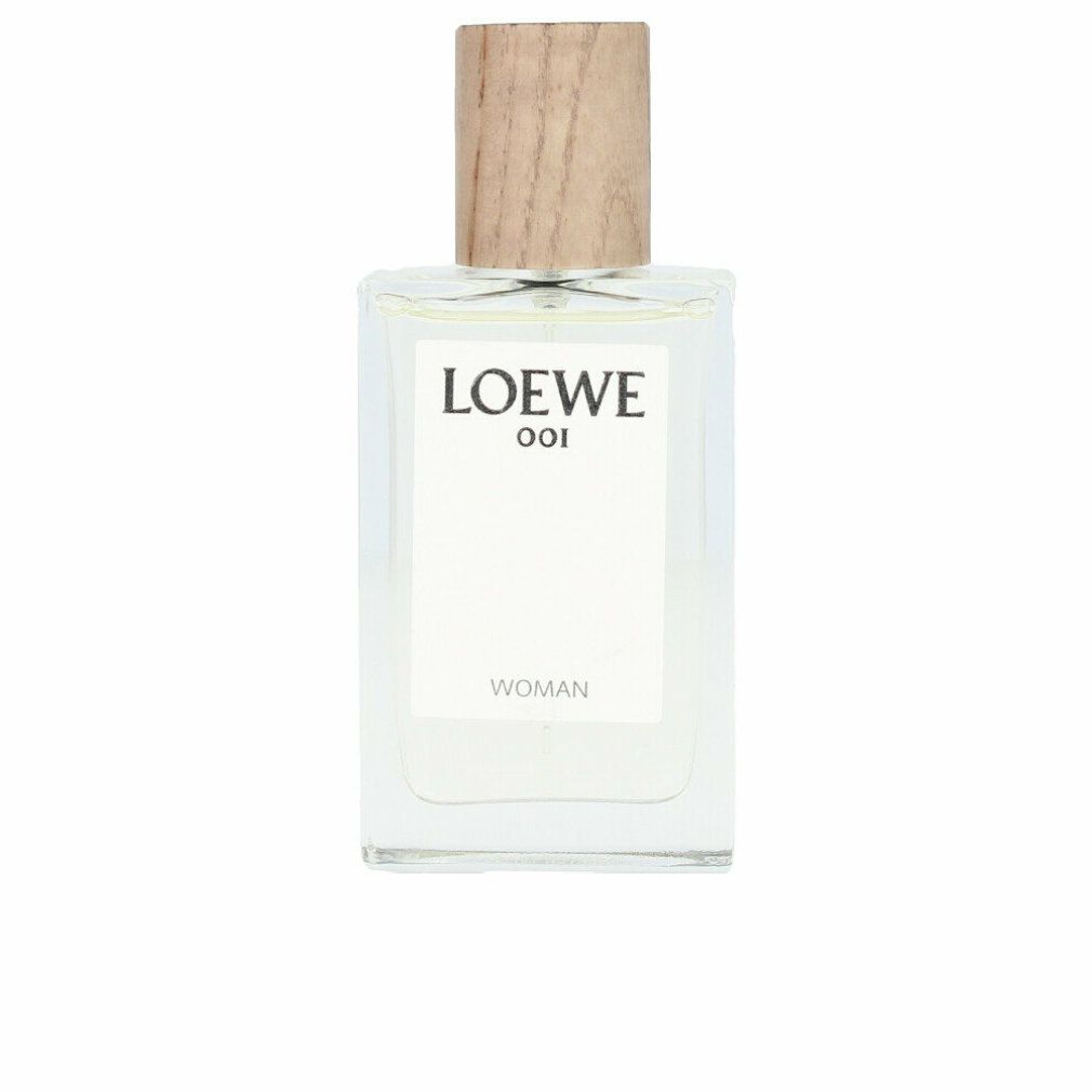 Loewe 001 Woman Eau de Parfum. Rechteckiger Glasflakon mit Holzverschluss. Weißes Etikett mit Logo und Schriftzug.