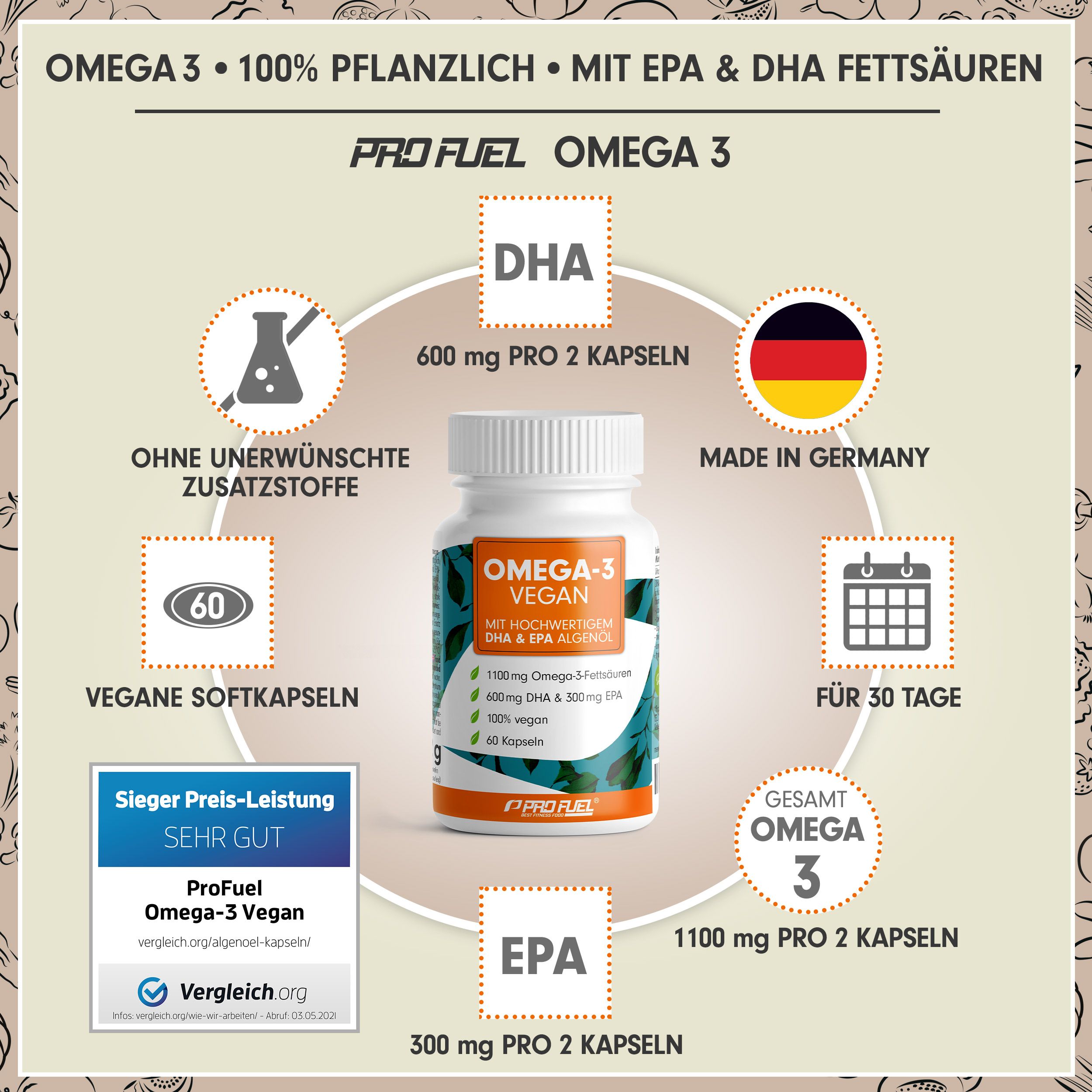 ProFuel - Omega-3 Vegan Kapseln optimal hochdosiert mit 600 mg DHA + 300 EPA pro Tag 60 St Weichkapseln