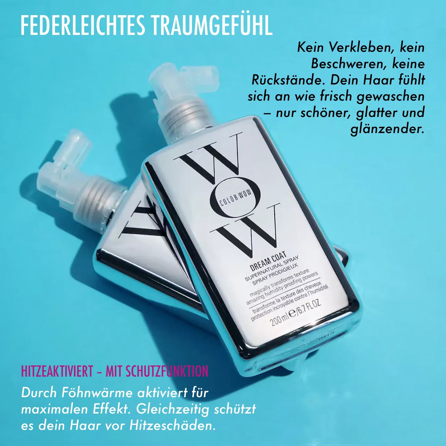 Zwei COLOR WOW Dream Coat Sprays. Text: Kein Verkleben, keine Rückstände. Blau Hintergrund. Hitzeschutz.