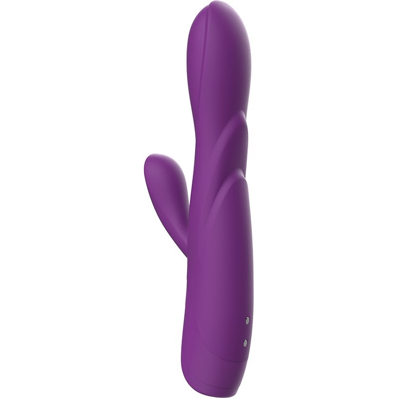 Lila Vibrator mit gebogener Form und seitlichem Element. Glatte Oberfläche.