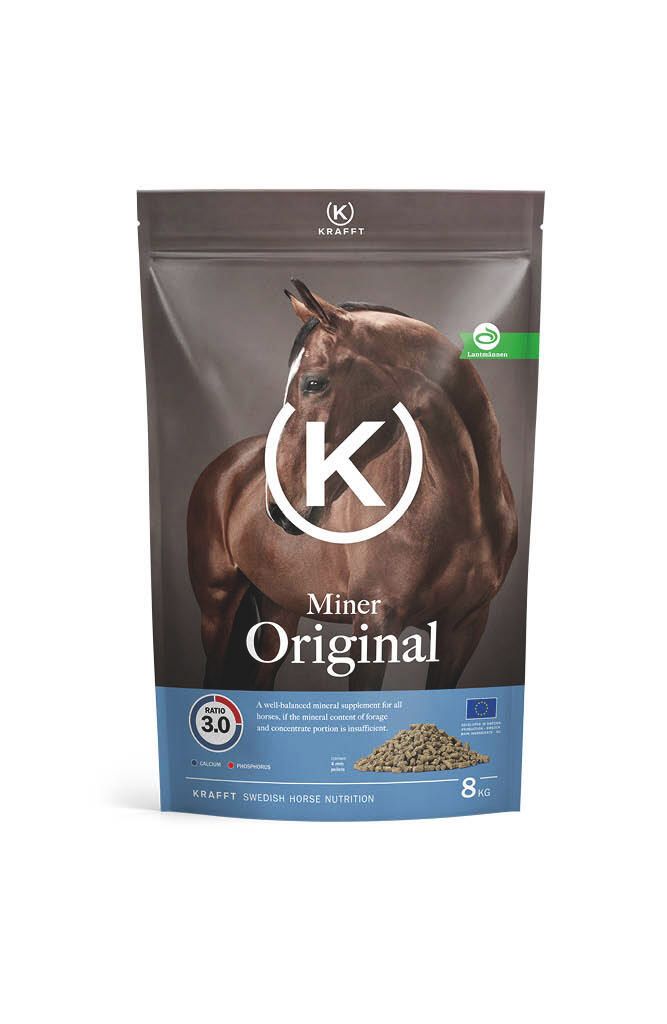 Verpackung von KRAFFT Miner Original. Beutel mit Pferdeabbildung und Produktbezeichnung. Enthält 8 kg. Mit EU-Logo.