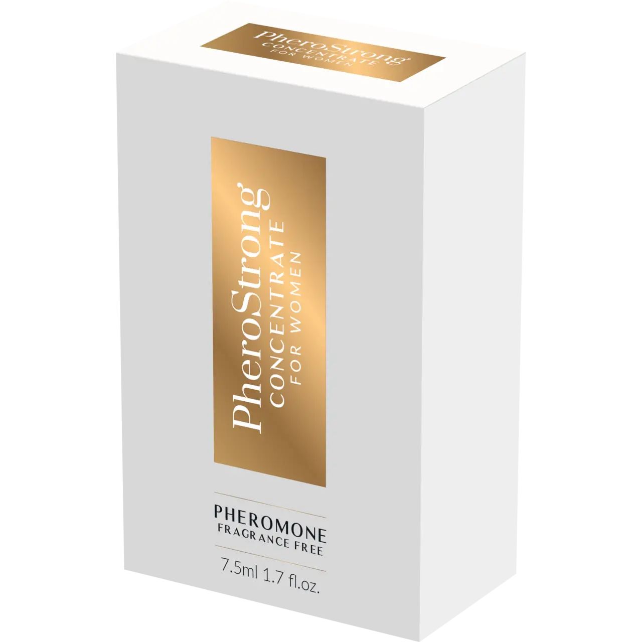 Weiße Verpackung mit goldfarbenem Etikett. Aufschrift: PheroStrong Concentrate for Women, Fragrance Free, 7.5ml 1.7 fl.oz.