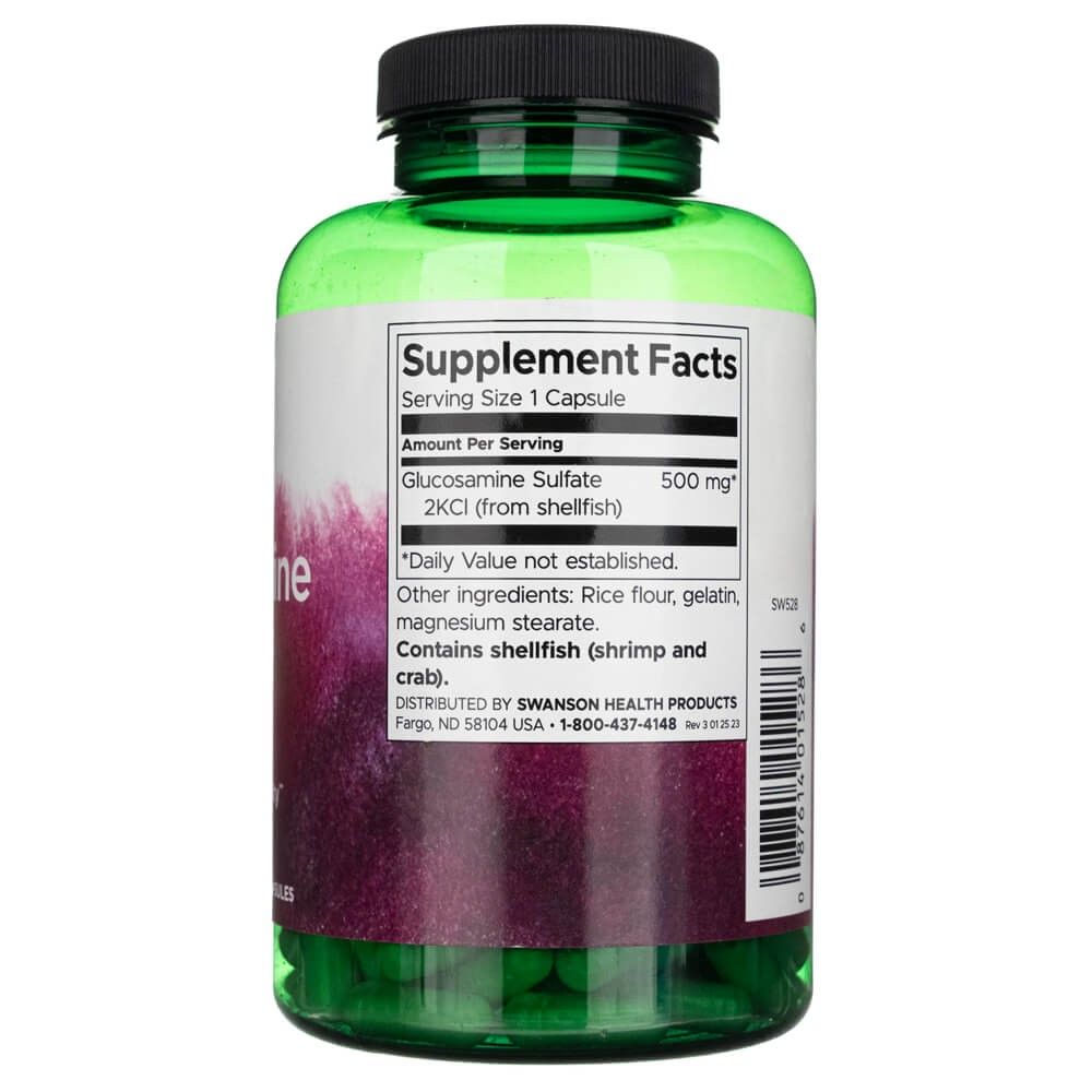 Grüne Kapsel mit Etikett 'Supplement Facts'. Enthält Glucosaminsulfat 500 mg. Enthält Schalentiere.