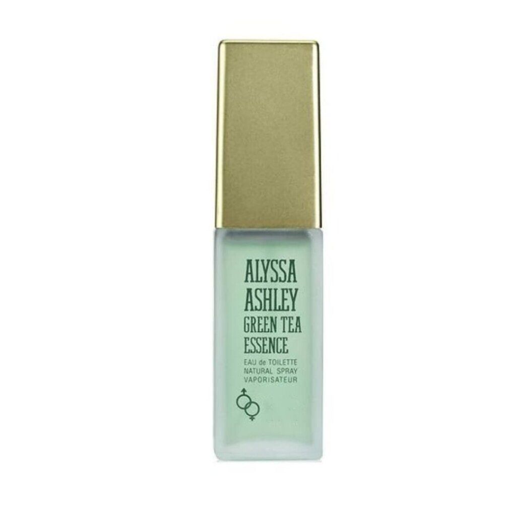 Alyssa Ashley Green Tea Essence Eau de Toilette Spray. Grünliche Flasche mit goldener Kappe. Text: Alyssa Ashley, Green Tea Essence.