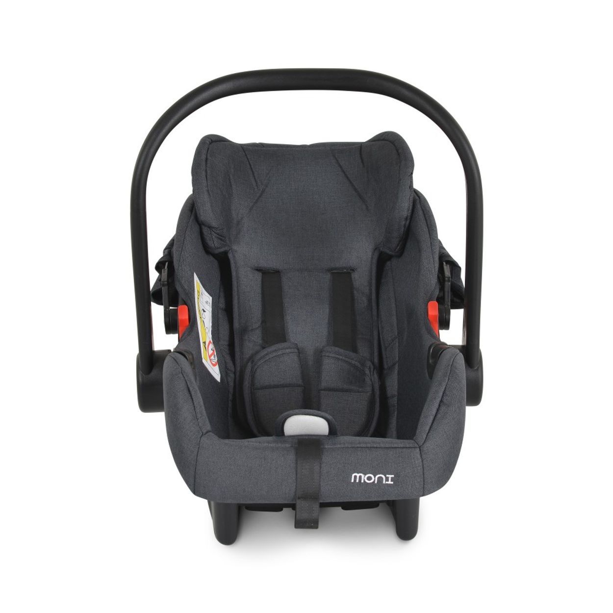 Grauer Babysitz mit verstellbarem Griff und Verdeck. Enthält eine Sitzauflage und Gurte.