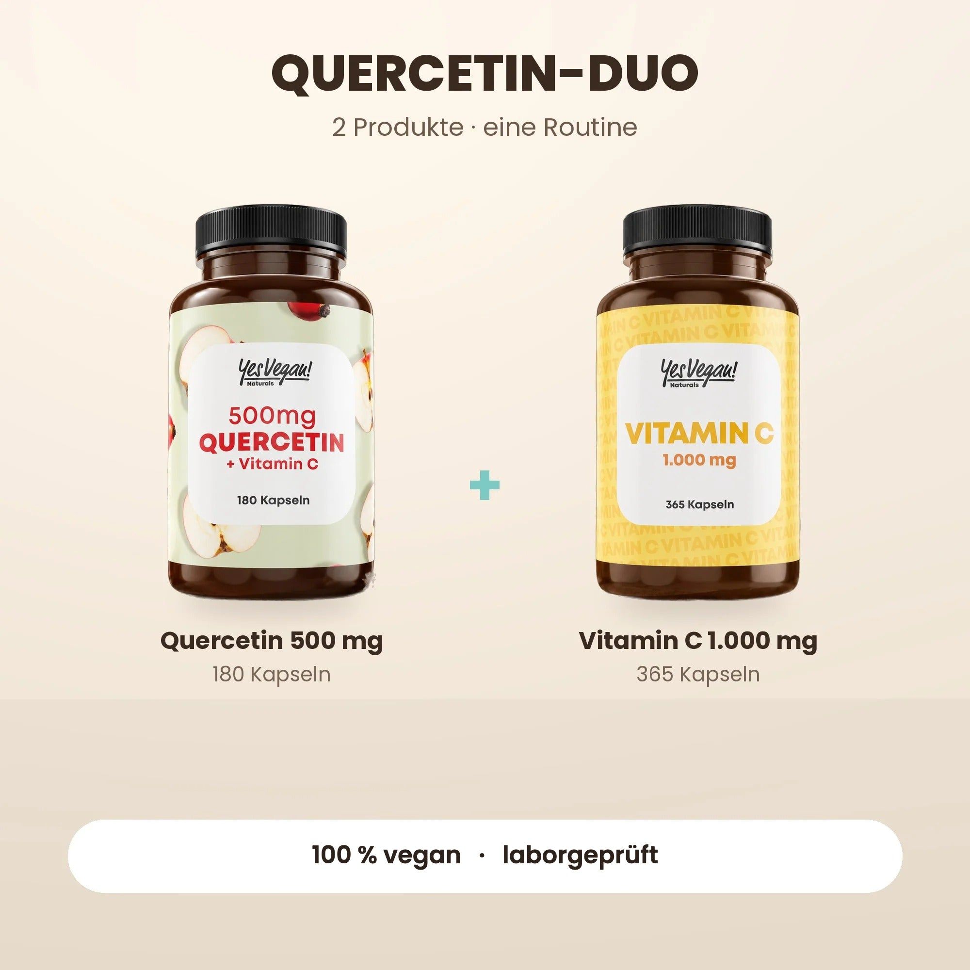 Zwei Flaschen Yes Vegan: Quercetin 500mg + Vitamin C (180 Kapseln) und Vitamin C 1.000mg (365 Kapseln).