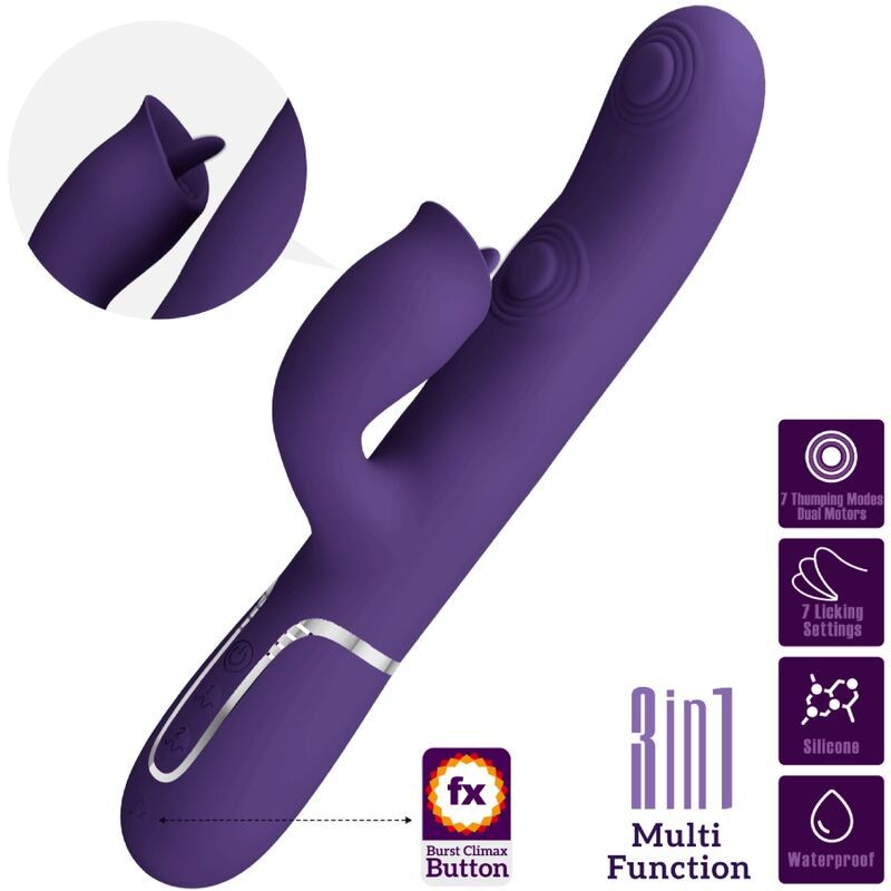 Lila Vibrator mit Hasenohren-Design. Mit 7 Modi, 2 Motoren, 7 Einstellungen und Silikon. Wasserdicht.
