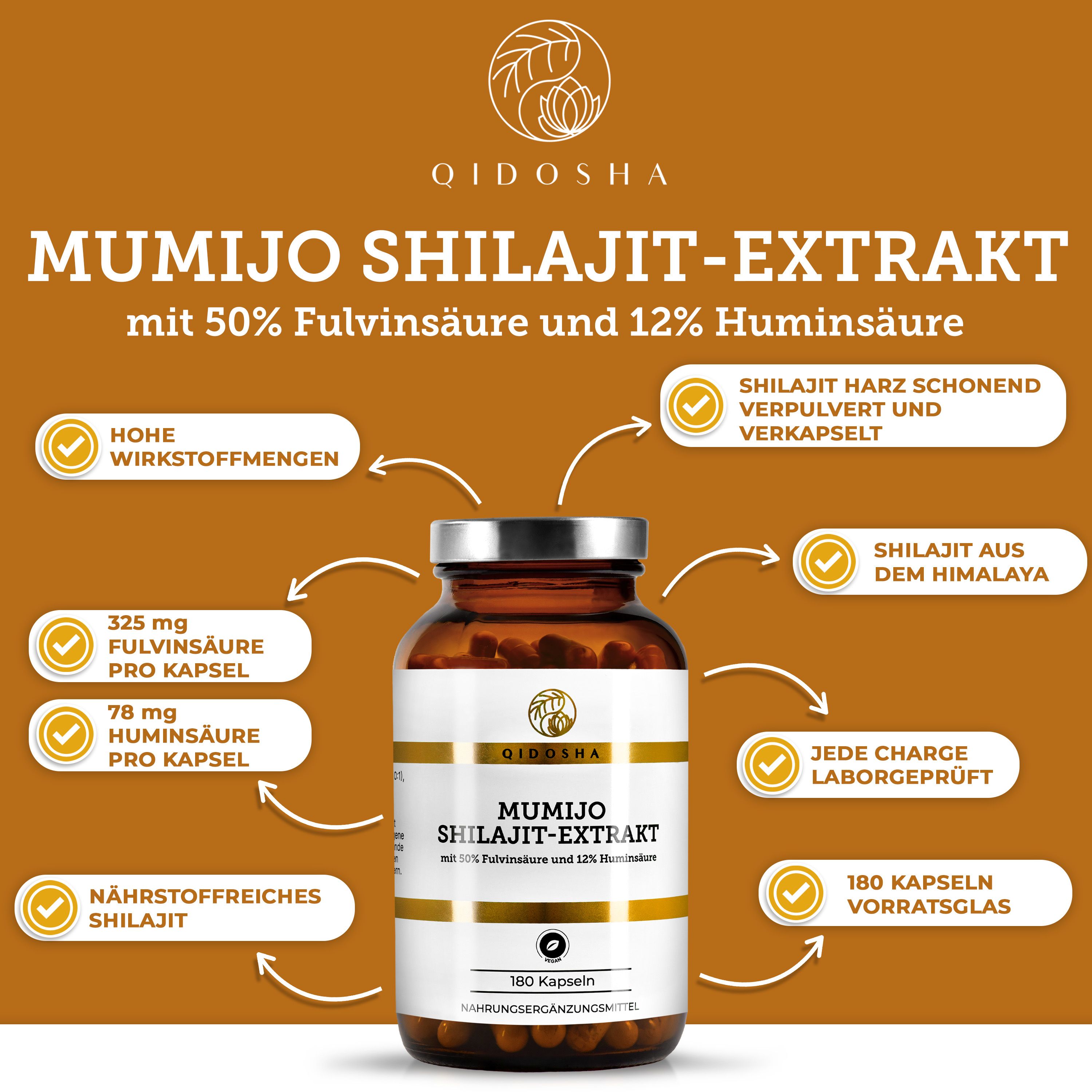 Produktabbildung mit Text. Aufschrift: QIDOSHA Mumijo Shilajit Extrakt, 180 Kapseln, vegan.