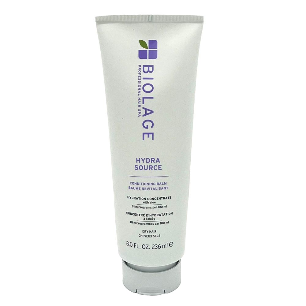 Weiß-lila Tube mit BIOLAGE-Logo und Produktbezeichnung HYDRA SOURCE. Enthält 236 ml Conditioner.