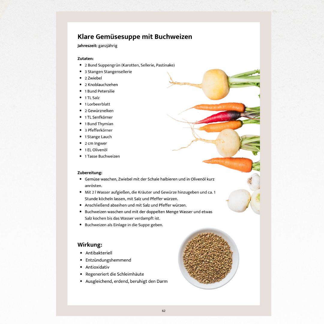 Buchseite mit Rezept "Klare Gemüsesuppe mit Buchweizen". Zutaten und Zubereitung. Abbildung von Gemüse und Buchweizen.