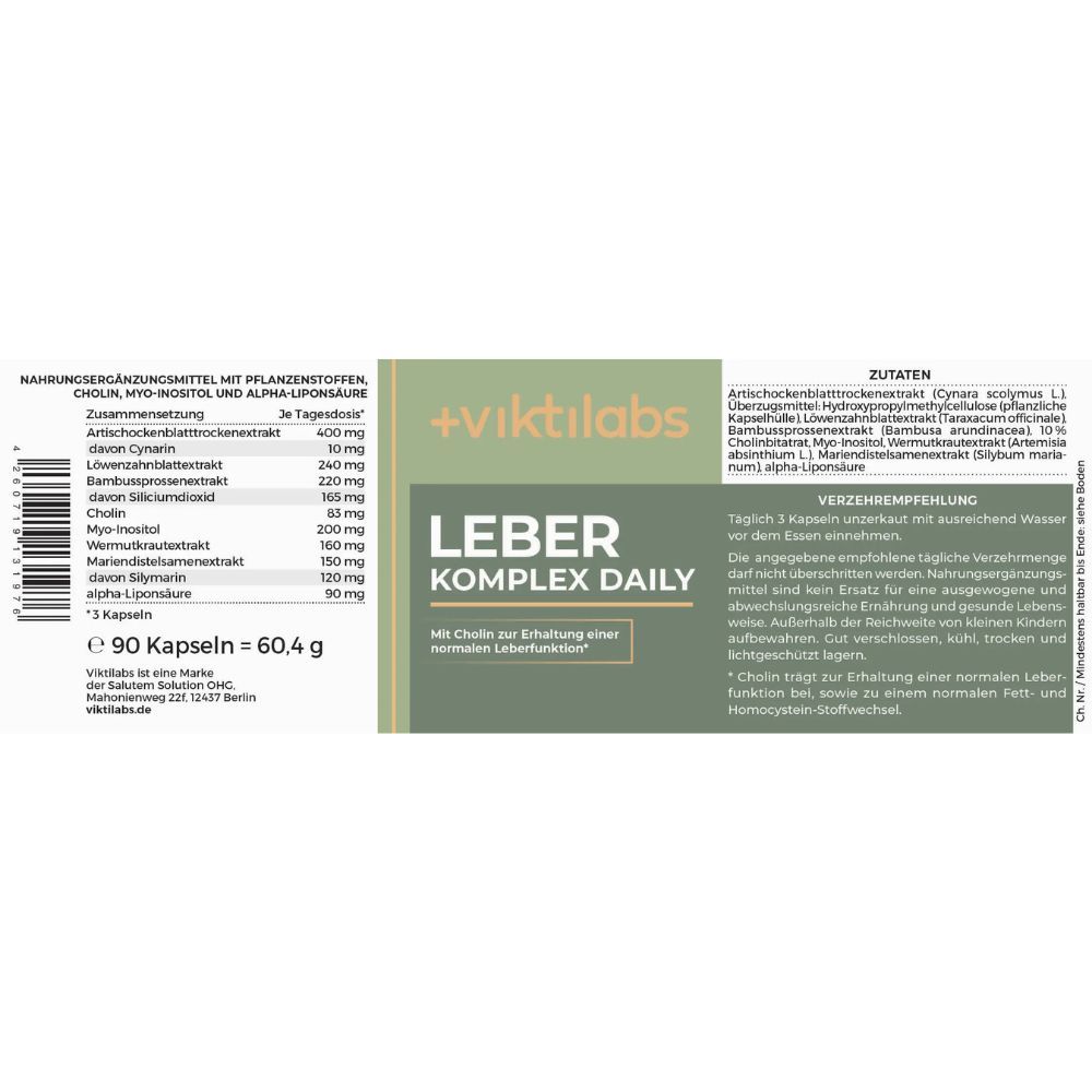 Rückseite der Viktilabs Leber Komplex Daily Verpackung mit Zutatenliste und Einnahmeempfehlung.
