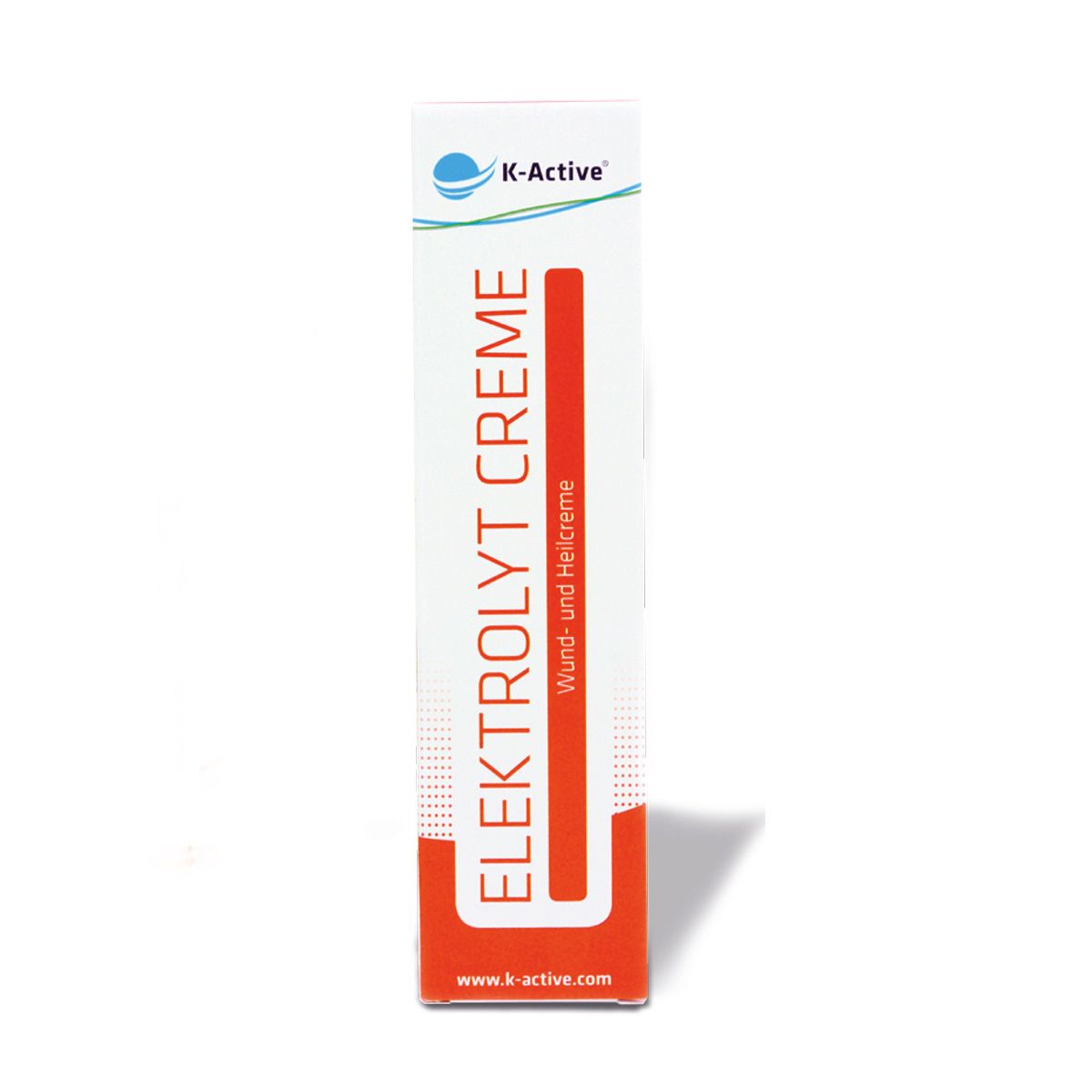 Schachtel mit blauem Logo und Schriftzug ELEKTROLYT CREME. Orangefarbener Streifen. www.k-active.com.