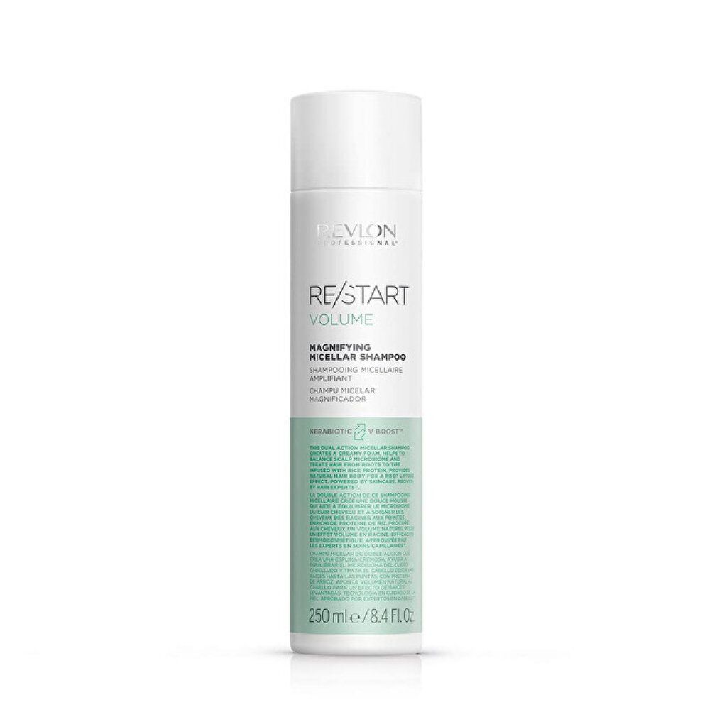 Weiß-grüne Shampoo-Flasche. Aufschrift: Revlon, Re/Start Volume, Magnifying Micellar Shampoo. 250ml.
