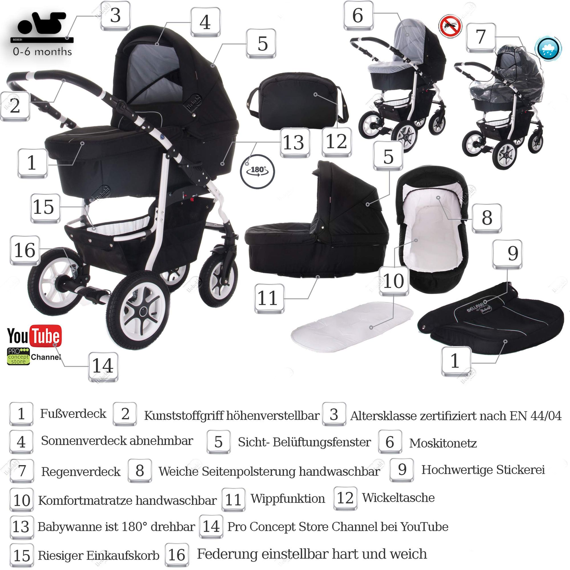Kinderwagen-Set mit Babywanne, Sonnenschutz, Moskitonetz und Zubehör. EN 44/04 zertifiziert. YouTube-Kanal.