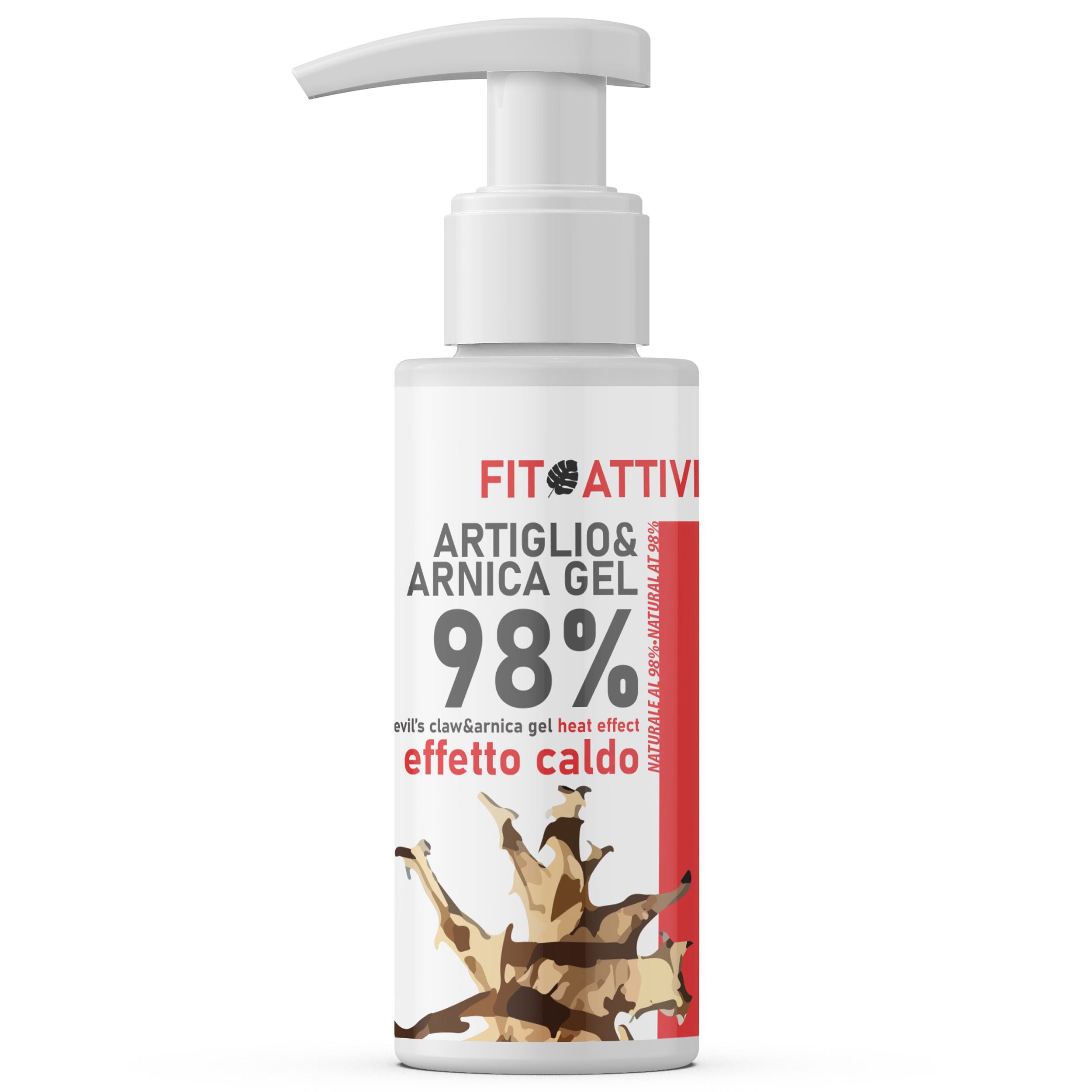 Weißes Produkt mit Pumpe. Aufschrift: Fitoattivi Artiglio & Arnica Gel 98% Wärmeeffekt.