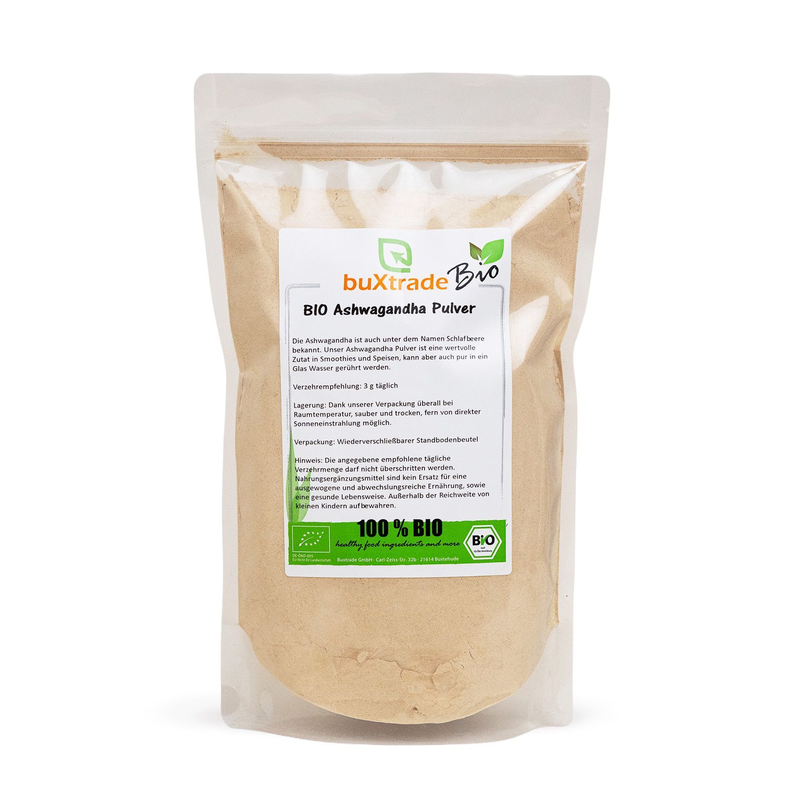 Beutel mit Produktetikett. Aufschrift: buXtrade Bio Ashwagandha Pulver. Bio-Siegel.