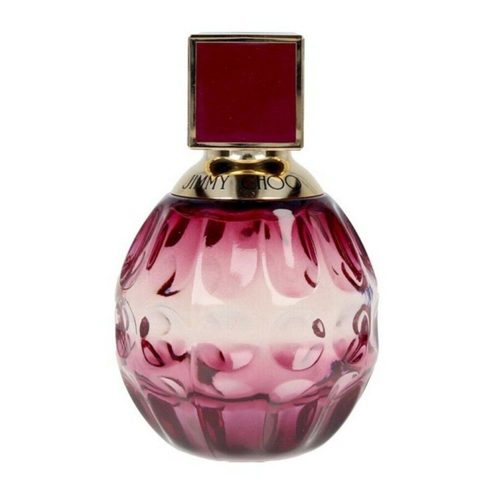 Jimmy Choo Fever Eau de Parfum Flakon mit goldener Halskrause und dunkelrotem Würfelverschluss.