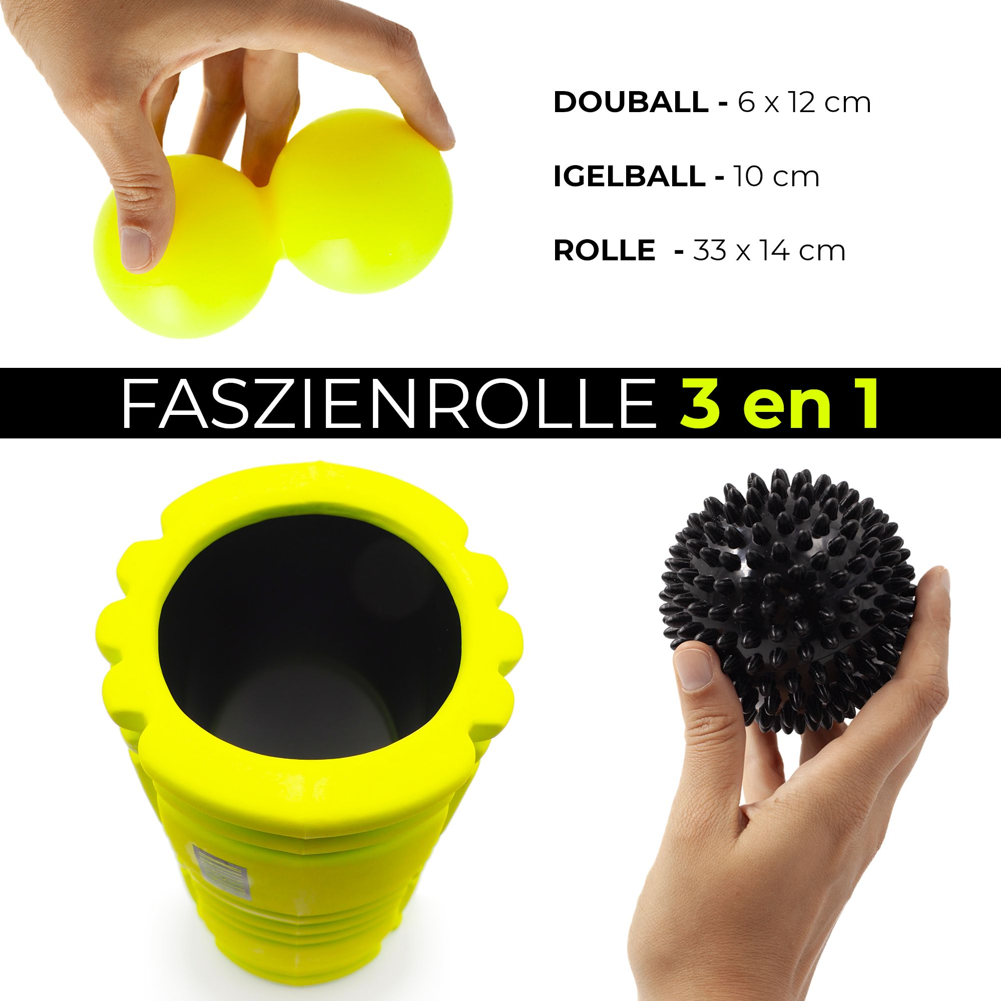 Set-Übersicht: Gelber Duoball, schwarzer Igelball, gelbe Rolle.