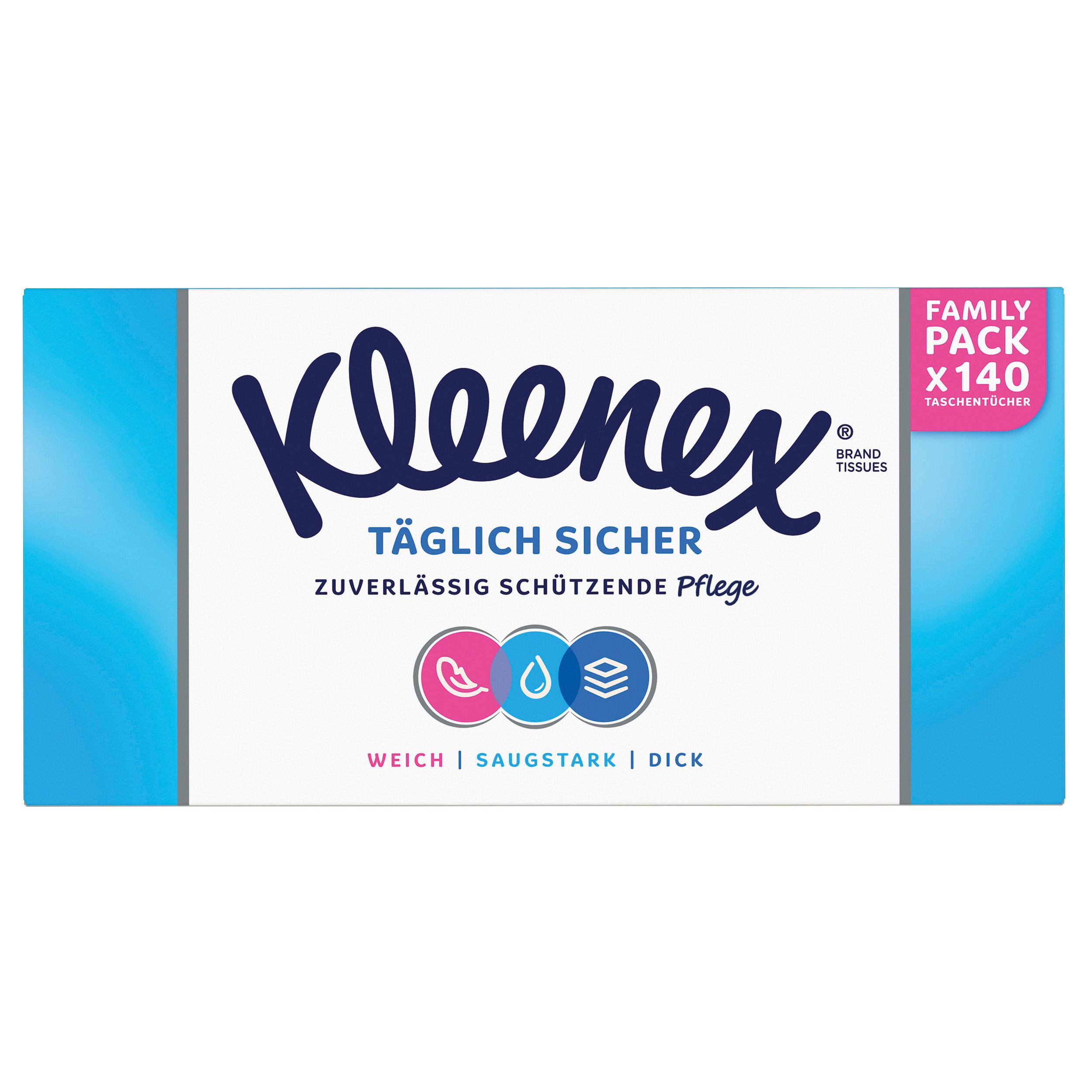Kleenex Täglich Sicher Taschentücher-Box. Rechteckige Box, blau und weiß. Aufdruck: Kleenex, Täglich Sicher, 3-lagig. Family Pack x140.