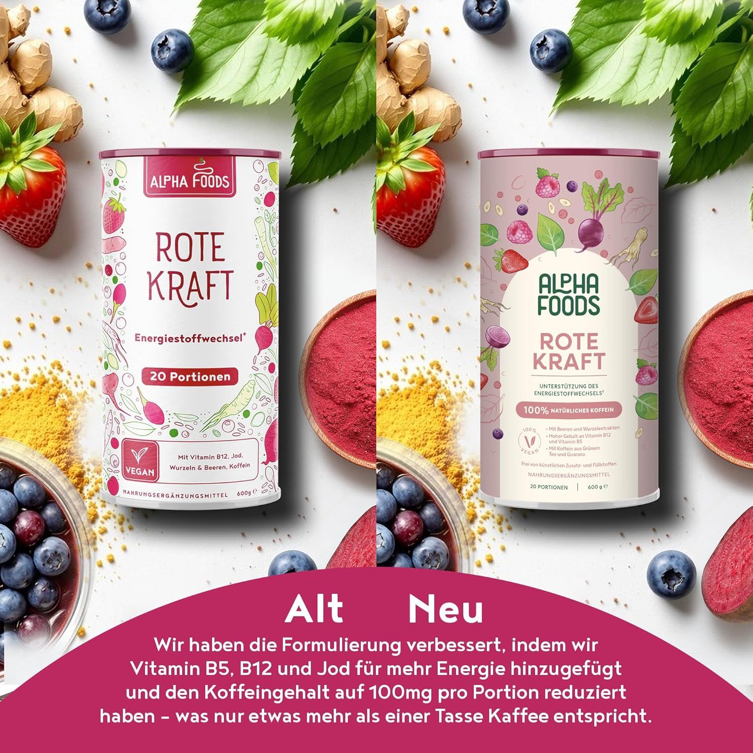 Zwei Dosen Alpha Foods Rote Kraft. Text: Alt und Neu. Verbesserte Formulierung mit Vitamin B5, B12, Jod.