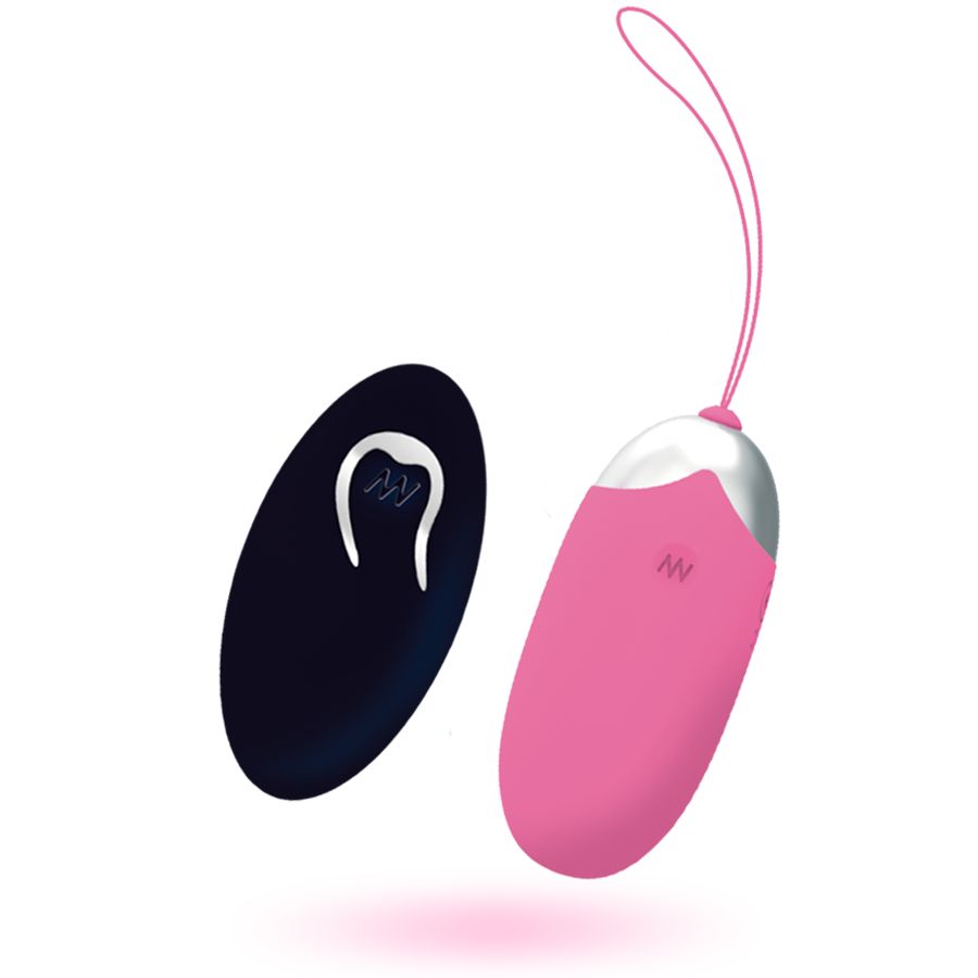 Rosa Ei mit silberner Spitze und schwarze Fernbedienung. Beide mit Logo. Rosa Kordel am Ei. Schattenwurf.