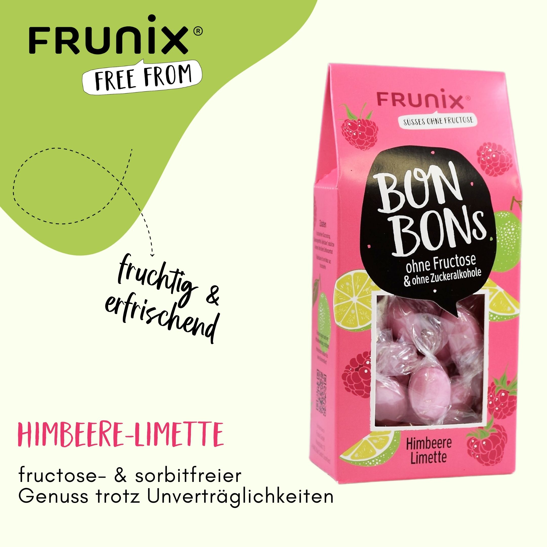 Rosa Verpackung Frunix Bonbons Himbeere Limette. Text: fruchtig & erfrischend. Fructose- & sorbitfreier Genuss.