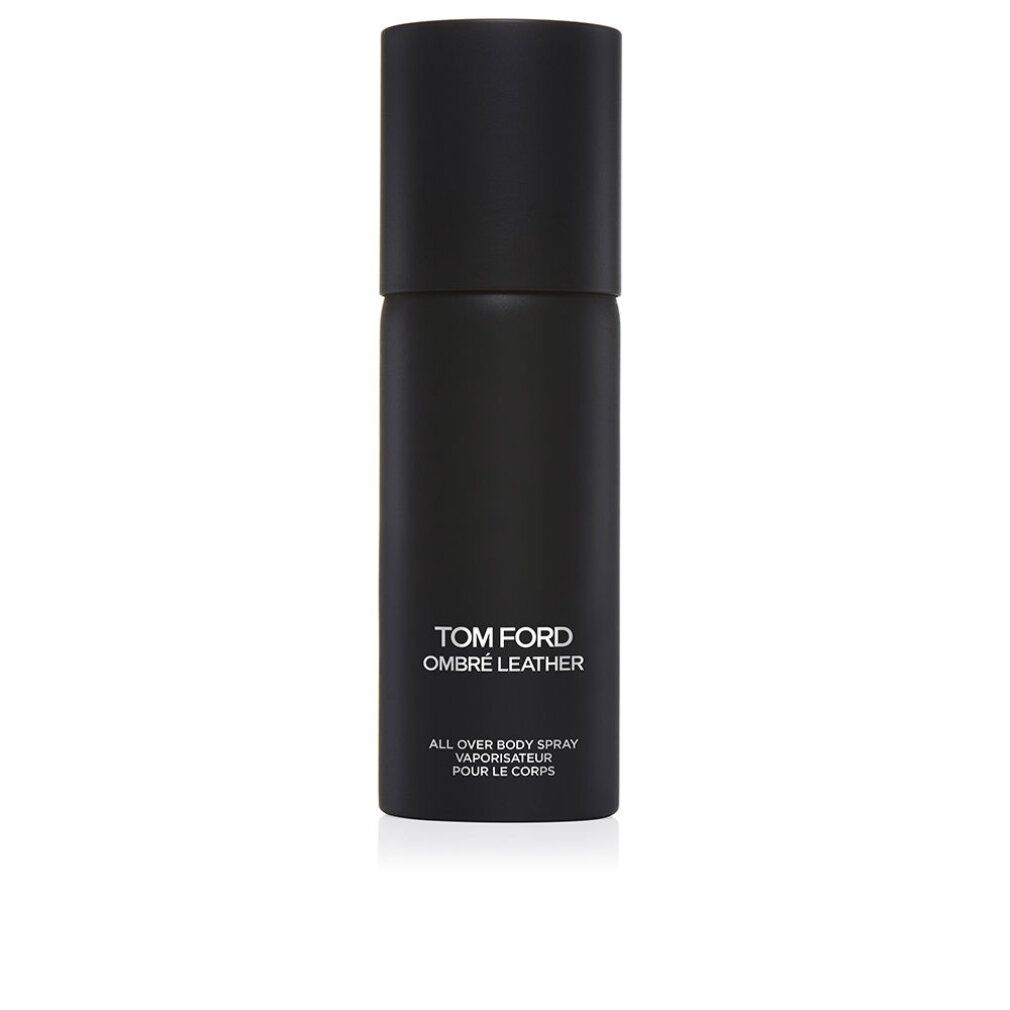 Schwarze Flasche mit schwarzem Deckel. Aufschrift: TOM FORD Ombré Leather, All Over Body Spray.