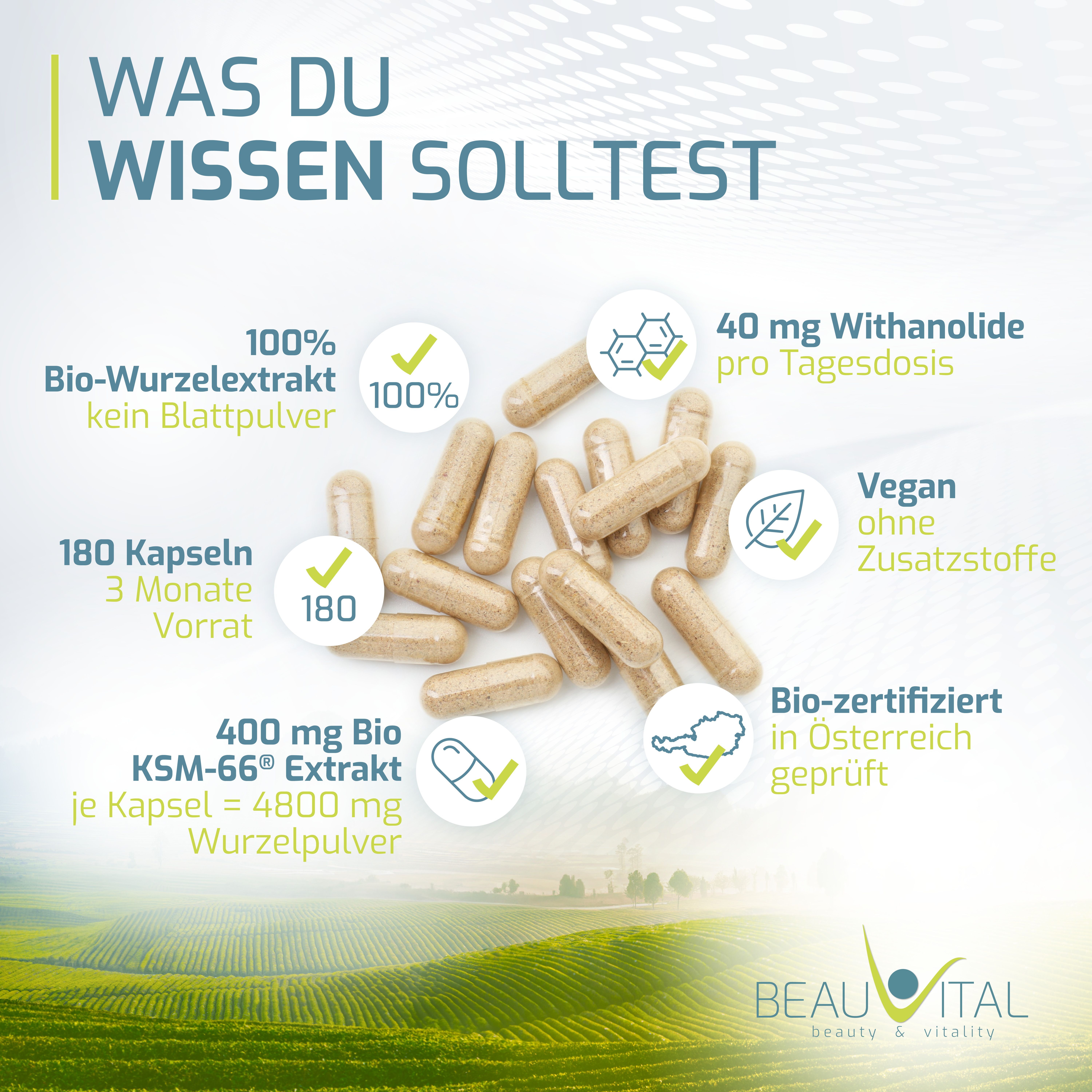 BEAUVITAL® Bio-Ashwagandha KSM-66® hochdosiert 12:1 Premiumextrakt 5% Withanolide