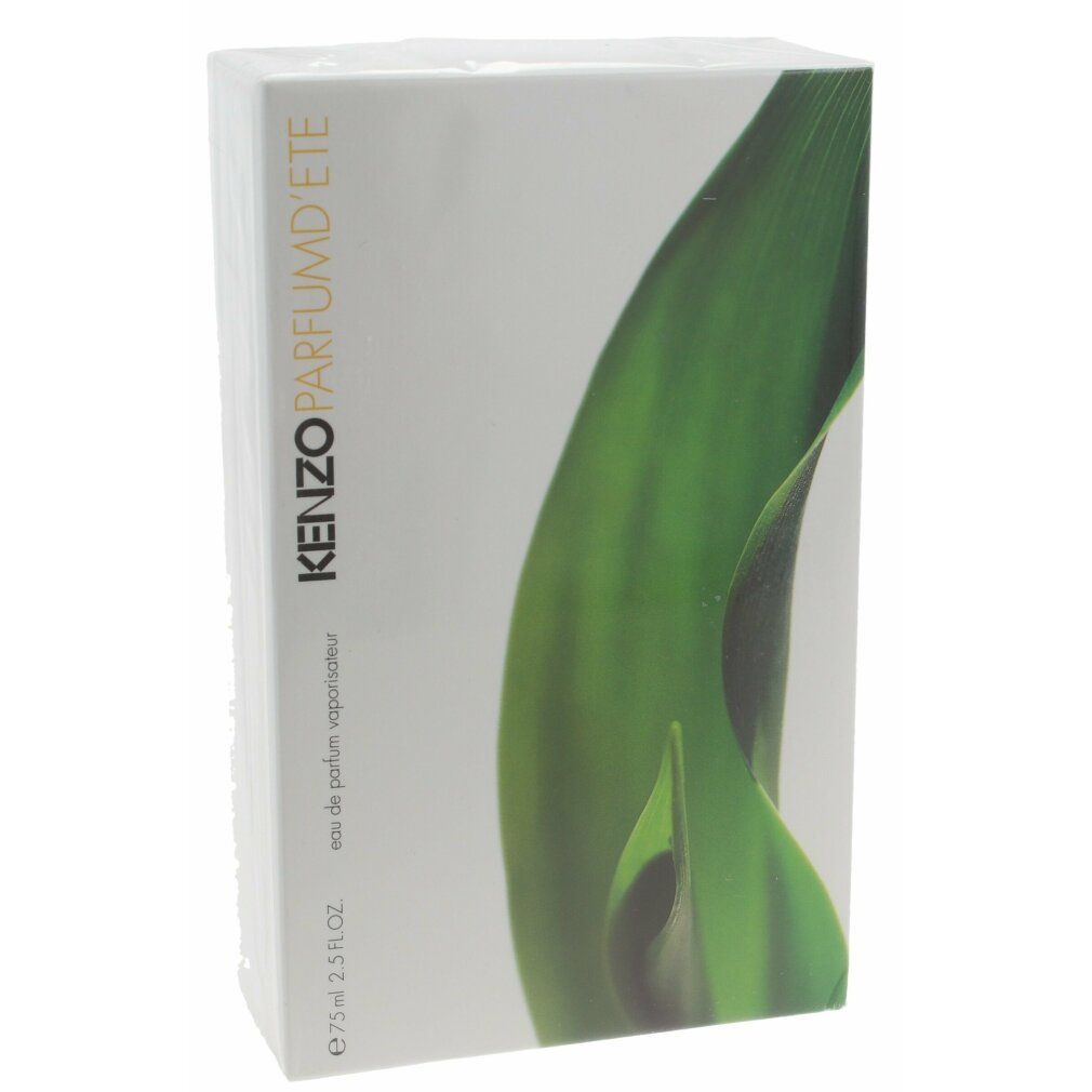 Verpackung für Kenzo Parfum d'ete. Weiß mit grünem Blattmotiv. Aufschrift: Kenzo Parfum d'ete, eau de parfum vaporisateur.