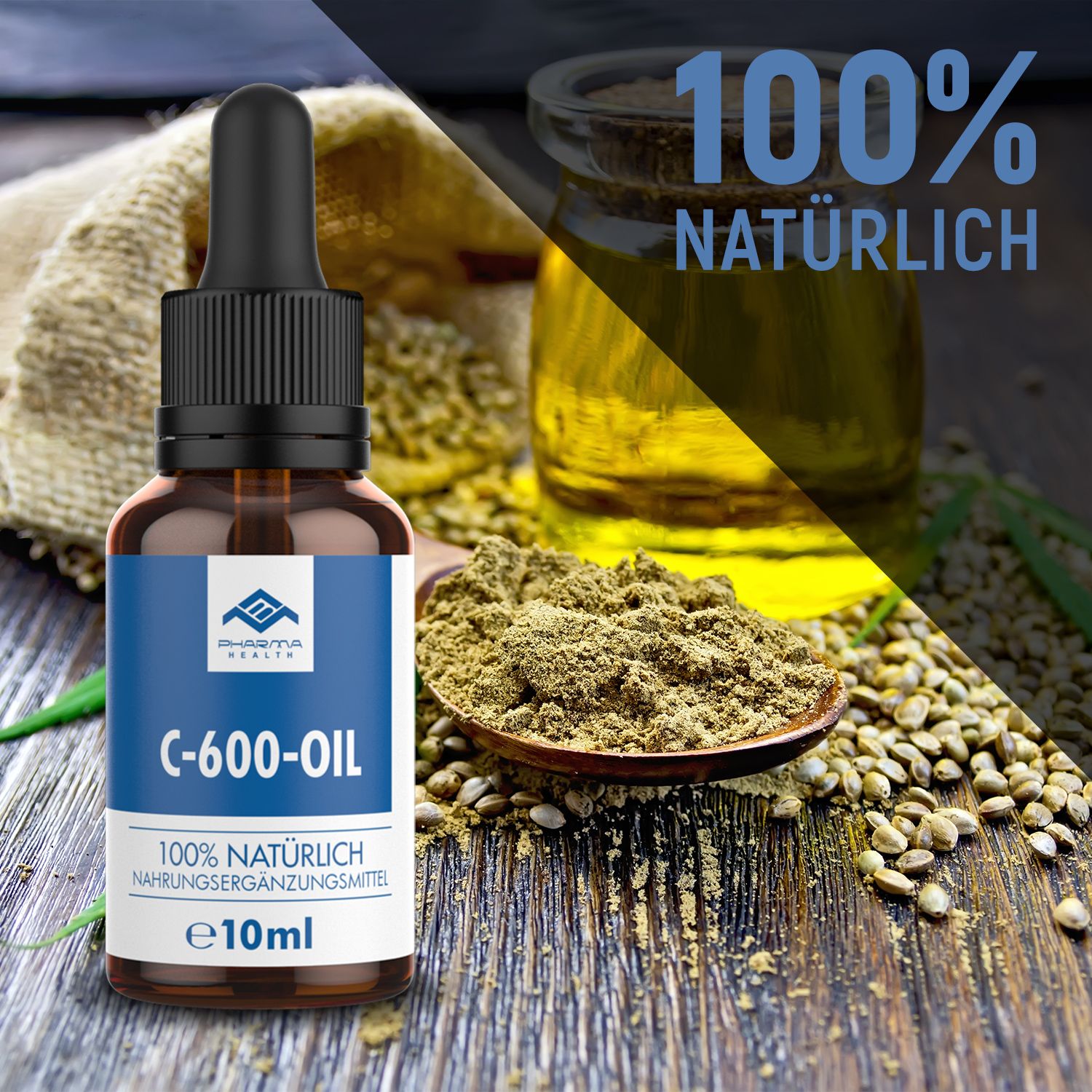 Produktflasche mit Tropfer, umgeben von Hanfsamen und Öl. Aufschrift C-600-OIL, 100% natürlich. Hintergrund: Hanf und Öl.