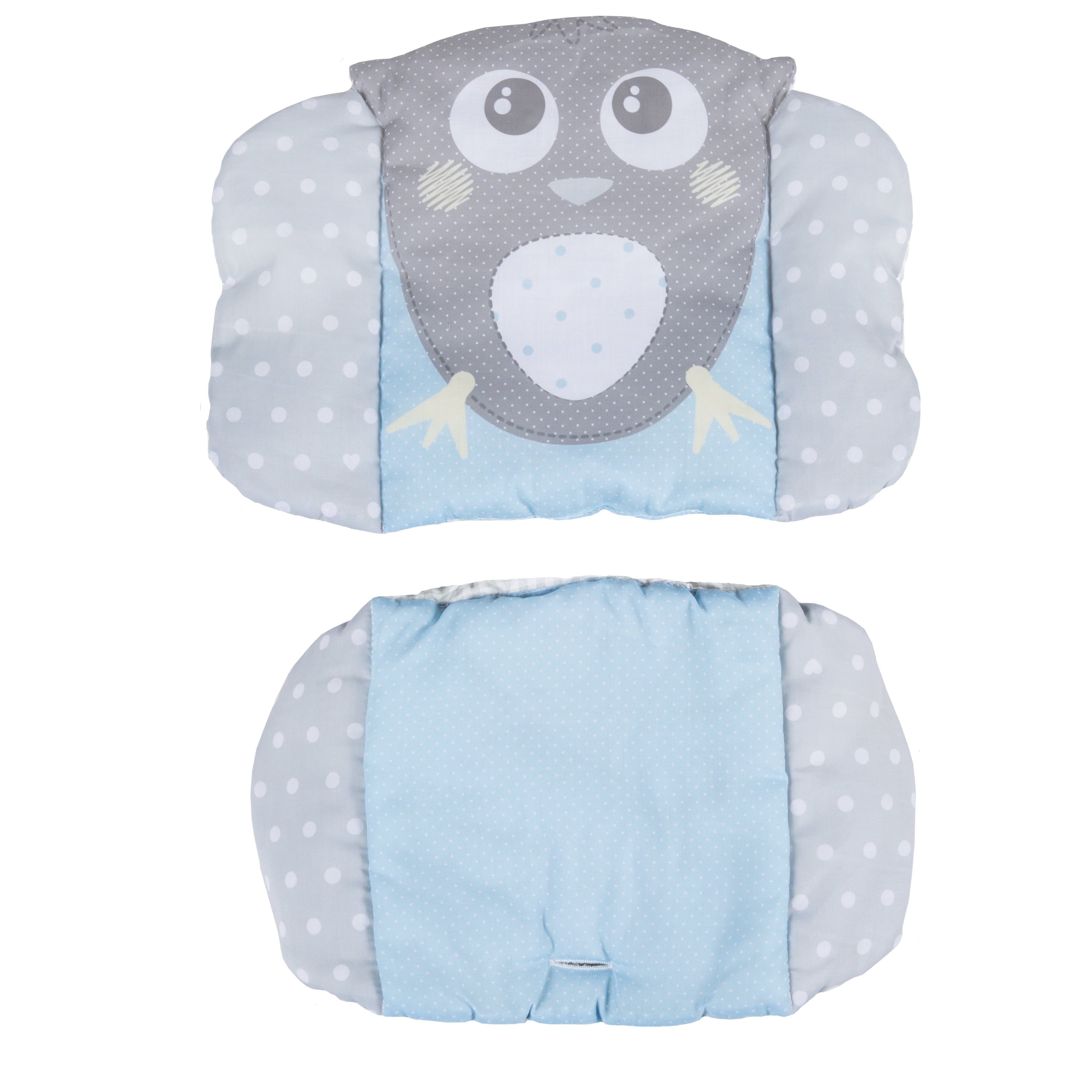 Sitzverkleinerer mit Eulenmotiv. Grau, blau und weiß. Gepunktete Seiten. Rückseite blau. Mit Schlaufe.