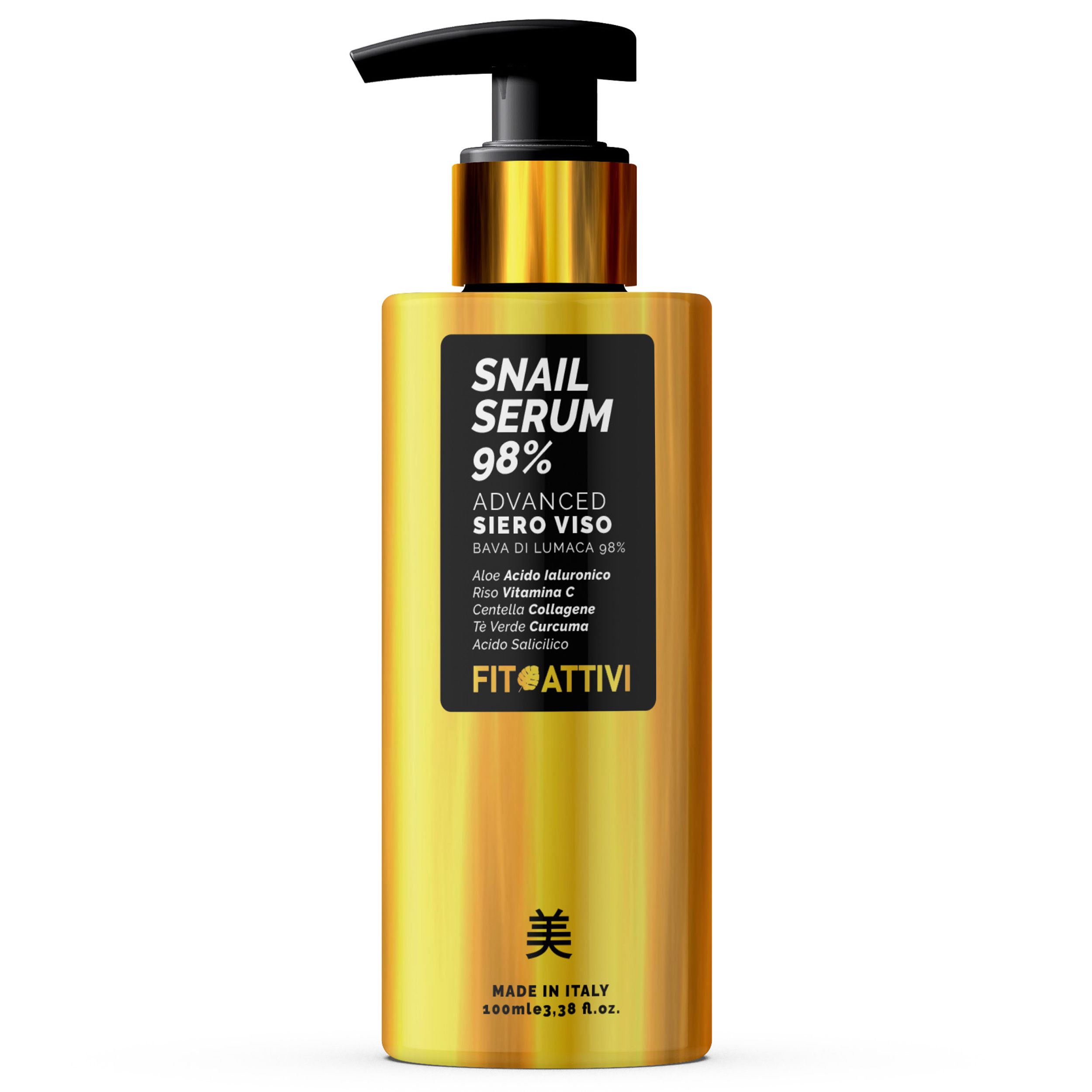 Fitoattivi Schneckenschleim-Gesichtsserum 98 %. Flasche mit Pumpe. Text: Snail Serum 98%. Inhaltsstoffe: Aloe, Hyaluronsäure, Kollagen, Grüntee, Kurkuma, Salicylsäure.