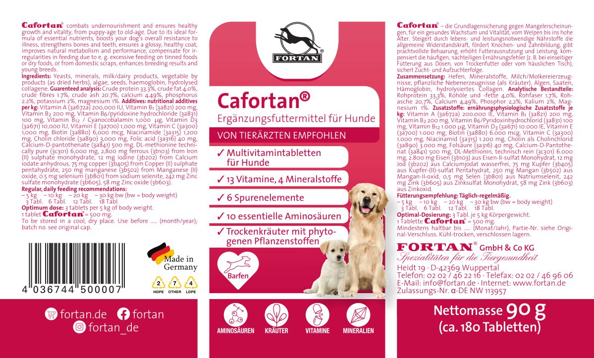 Verpackung mit Aufschrift Cafortan, Ergänzungsfuttermittel für Hunde. Logo mit Hund und Welpen. Enthält Informationen und Inhaltsstoffe.