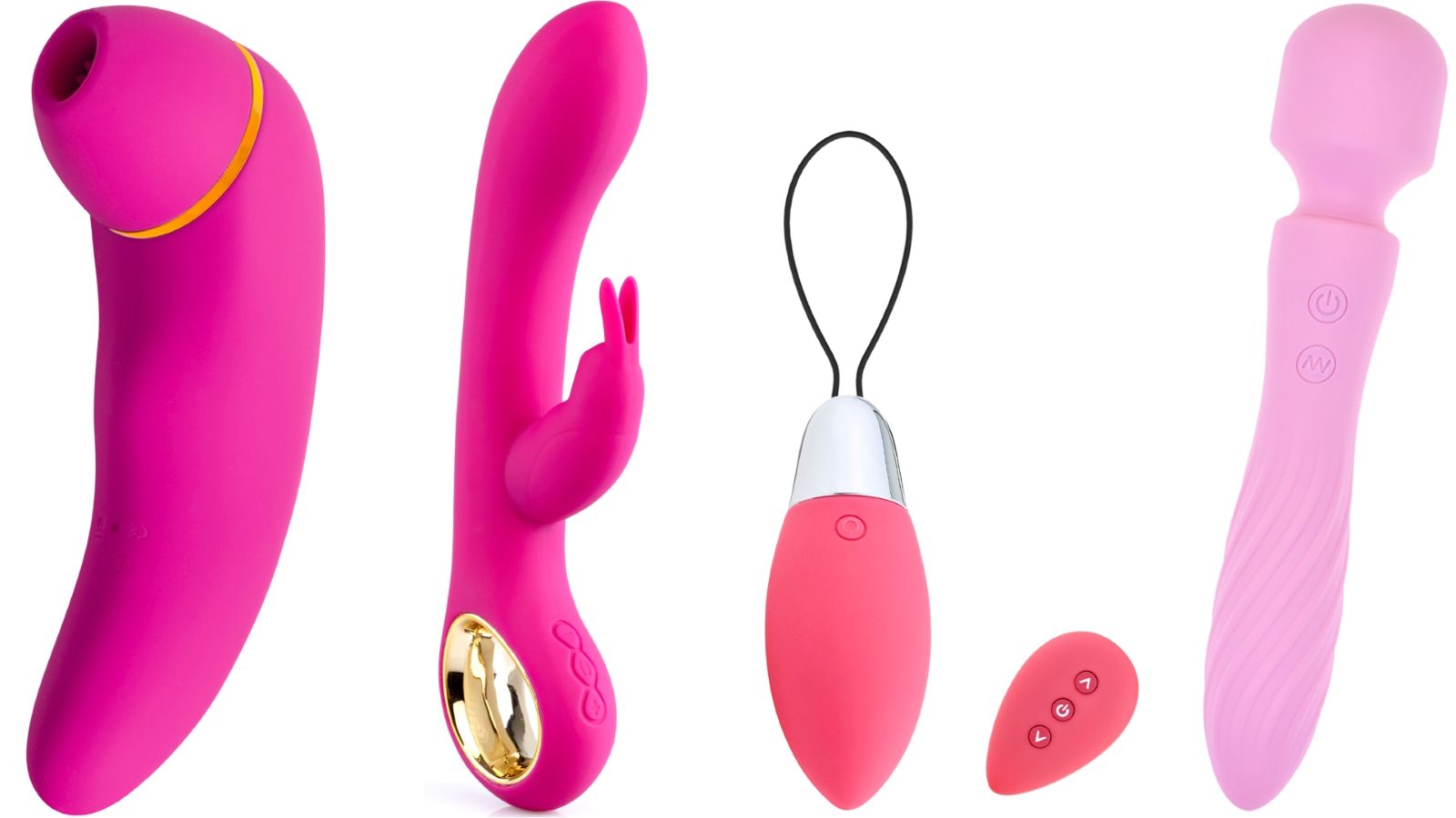 Verschiedene pinkfarbene Vibratoren. Enthalten einen mit Hasenohren, einen mit Fernbedienung und einen mit geriffelter Oberfläche.