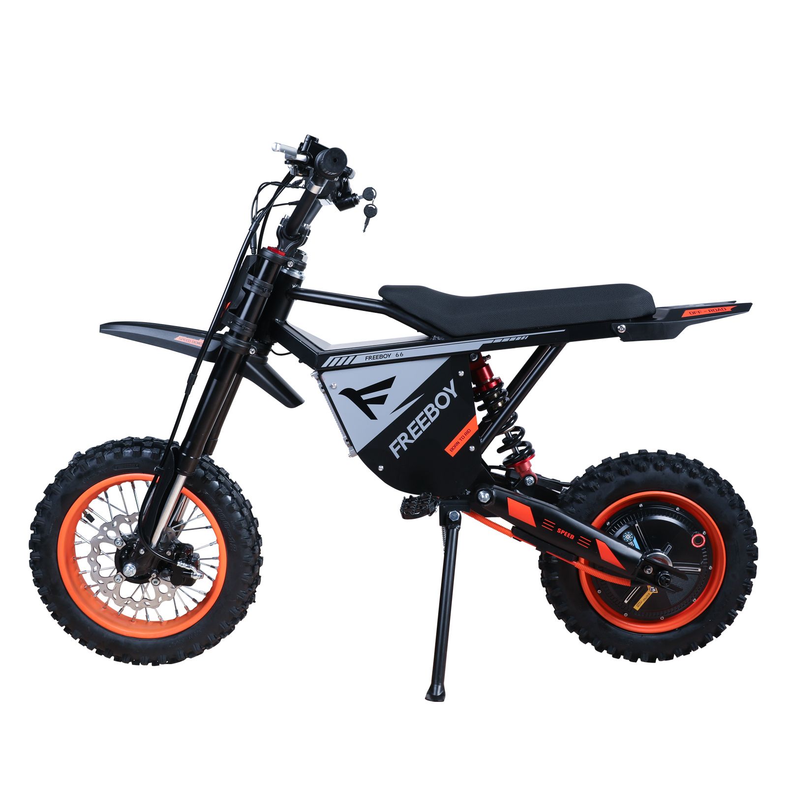 Schwarzes Dirtbike mit orangefarbenen Rädern. Sichtbar: FREEBOY-Logo, Doppelfederung, Ständer.