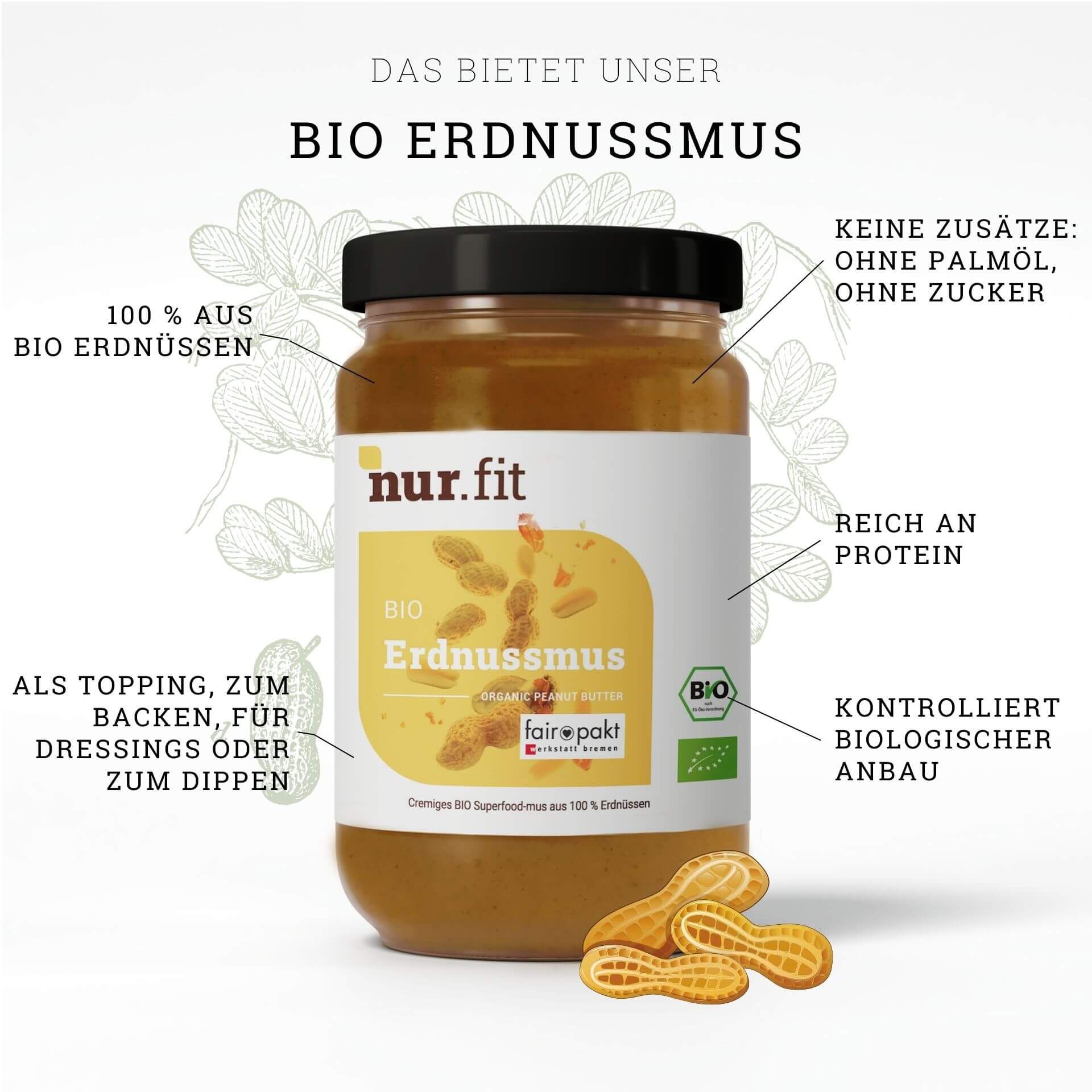 Glas Erdnussmus, schwarzer Deckel, weißes Etikett mit Text. Text: BIO Erdnussmus, 100% Bio-Erdnüsse. BIO-Siegel. Fairpakt-Siegel.