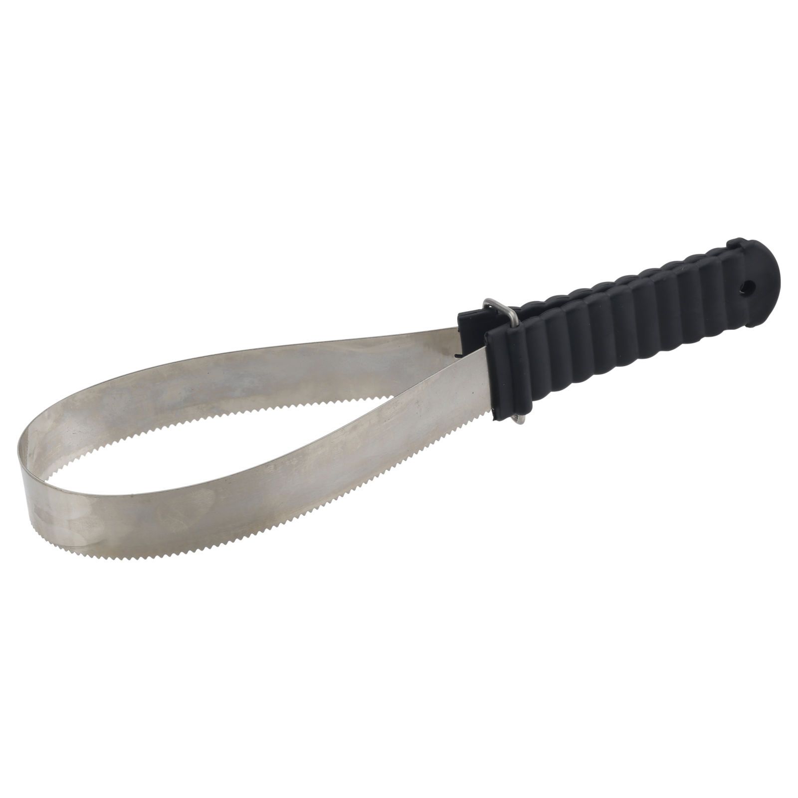 Metall-Schweißmesser mit schwarzem Griff. Das Messer hat eine gebogene, gezahnte Klinge.