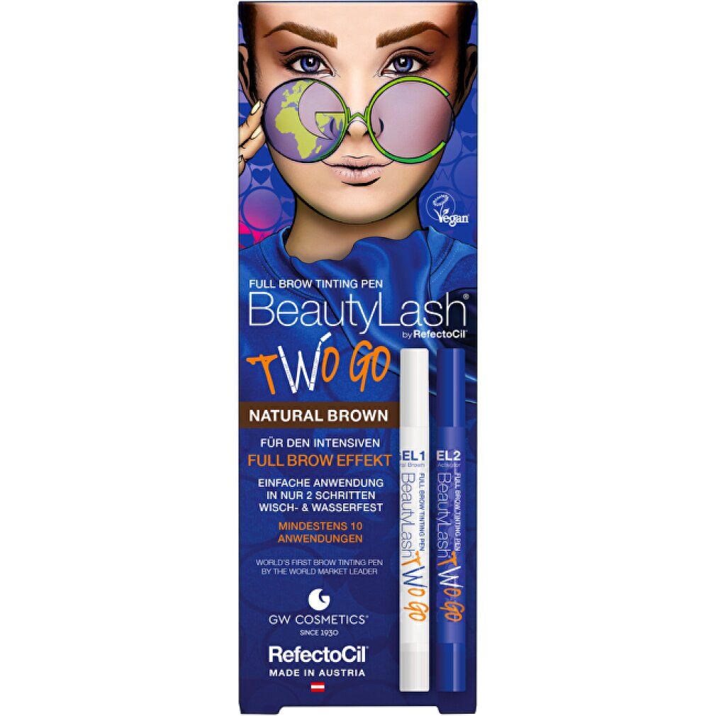 RefectoCil BeautyLash TWO GO Black Brown Augenbrauenfärbestift-Set mit zwei Stiften und Verpackung.